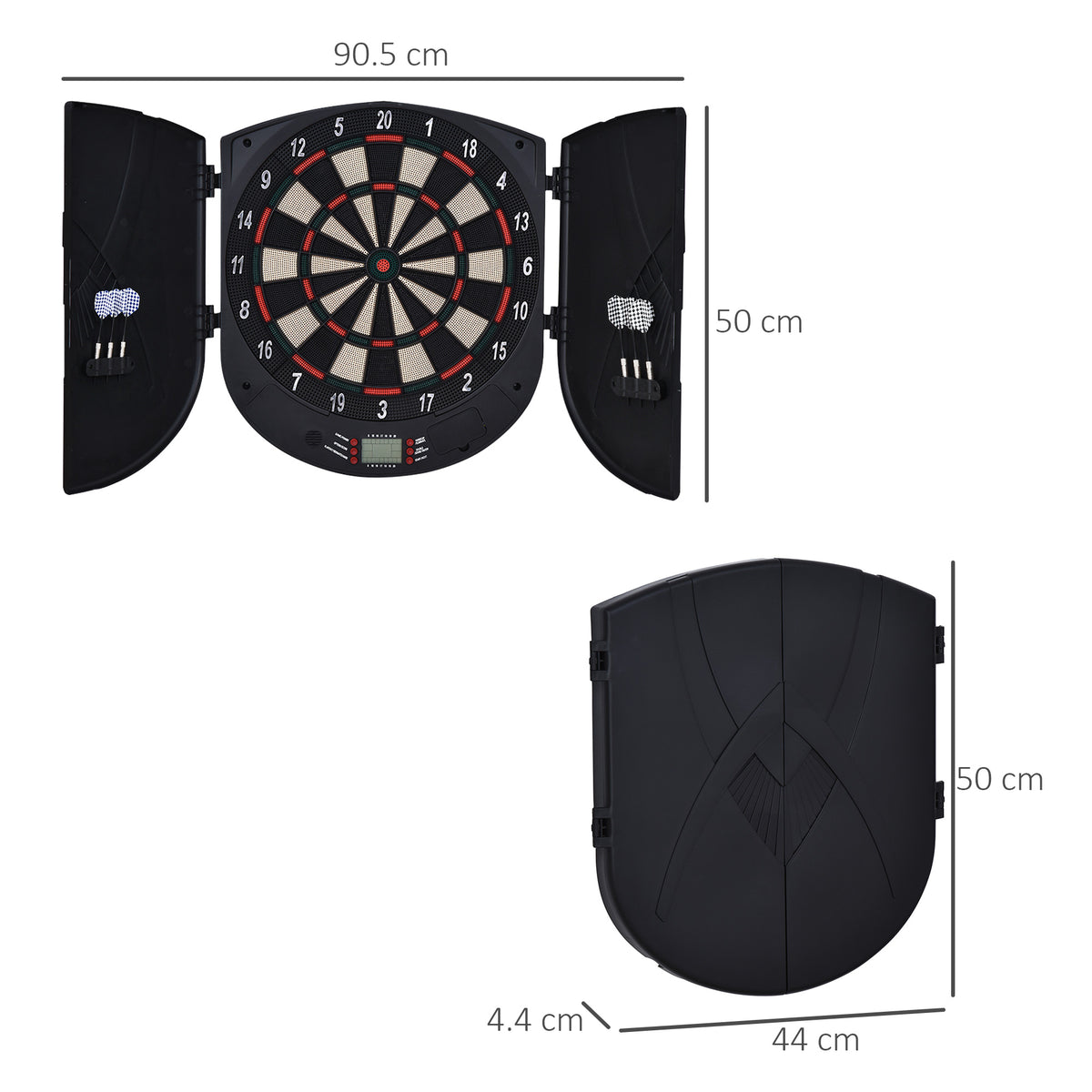 HOMCOM electronic dartboard cabinet shown open and closed with dimensions