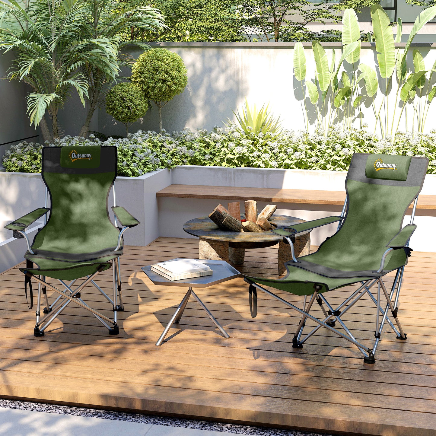 Outsunny Set of 2 Reclining Folding Camping Chair w/ Detachable Footrest, Storage Bag, Cup Holder & Headrest, Lightweight Portable Camp Chair for Beach, Picnic, Olive Green and Grey