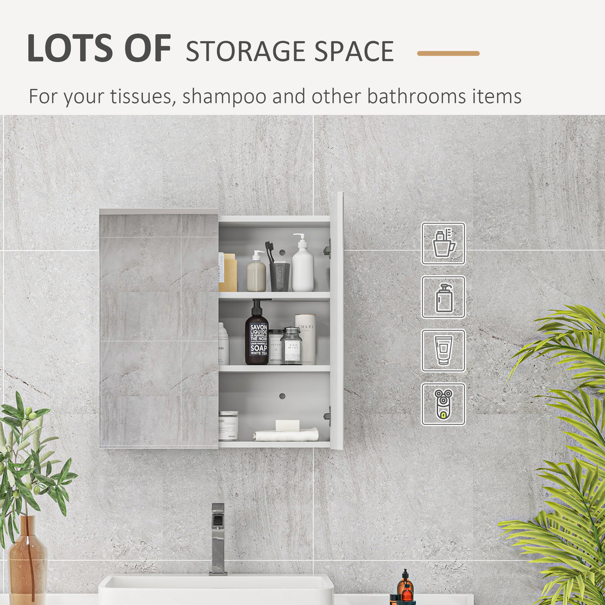 Bathroom storage cabinet with mirrored doors and toiletries on open shelves
