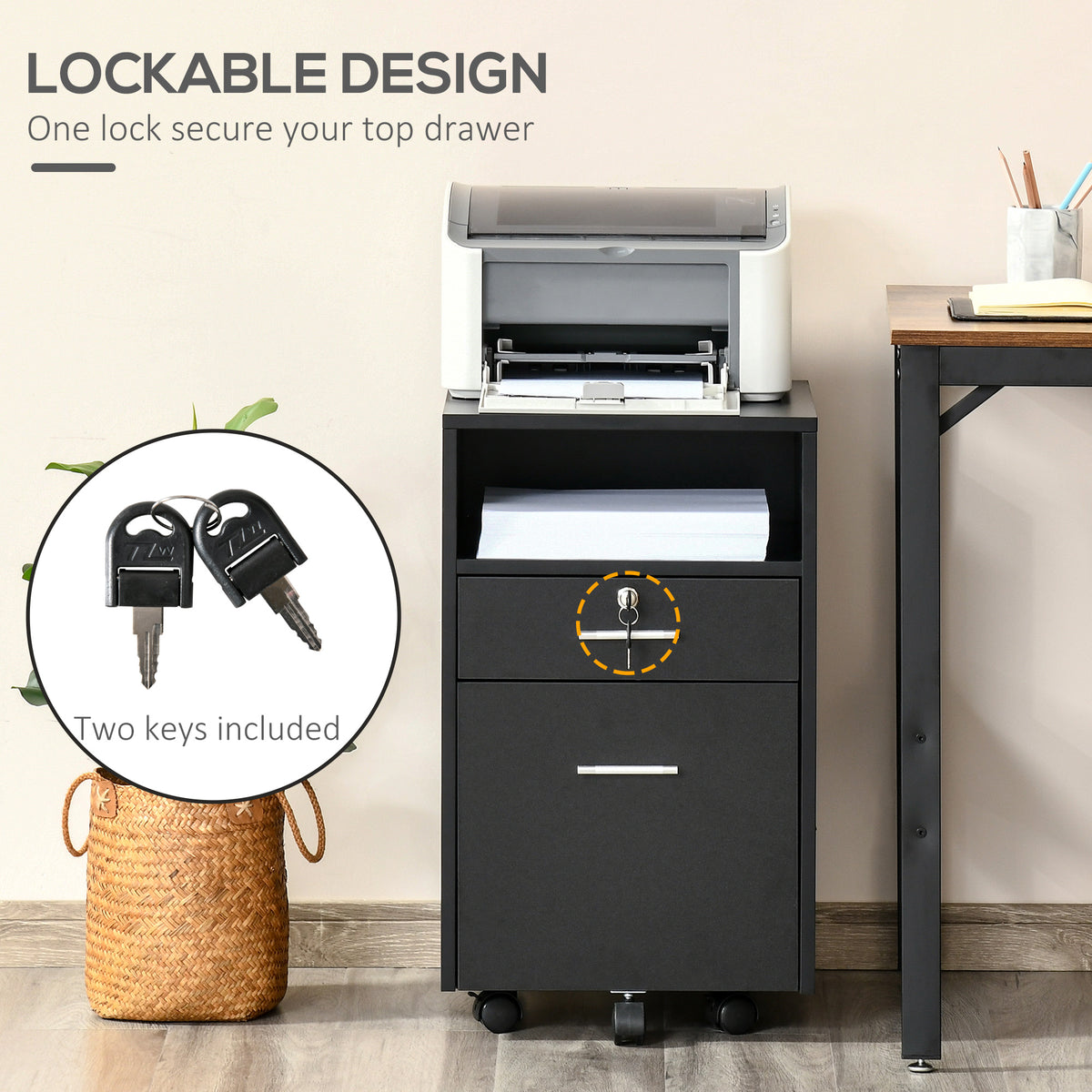 Black two-drawer filing cabinet with a lock on the top drawer, two keys and caster wheels.