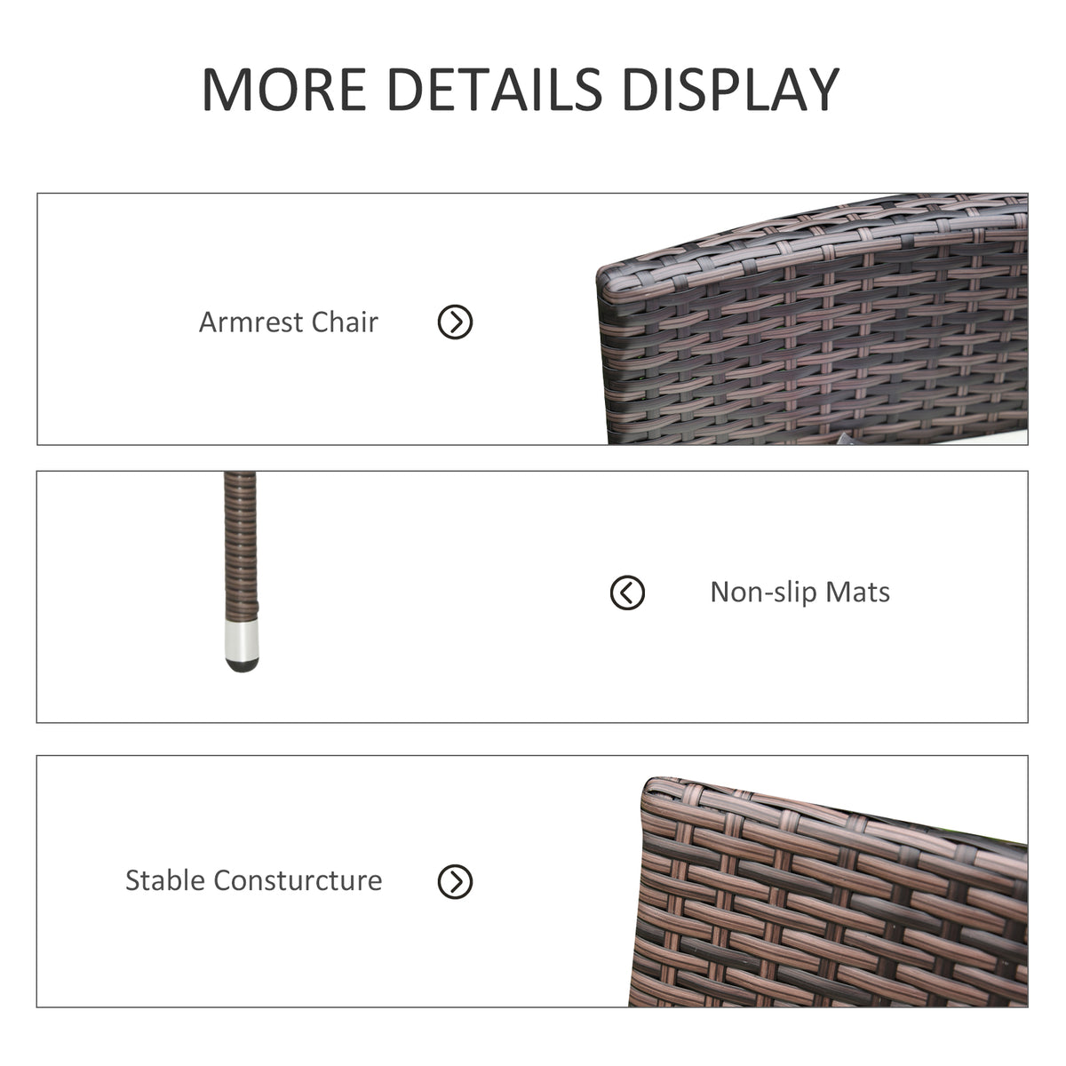 Rattan armchair details showing woven armrest, non-slip foot caps, and sturdy frame