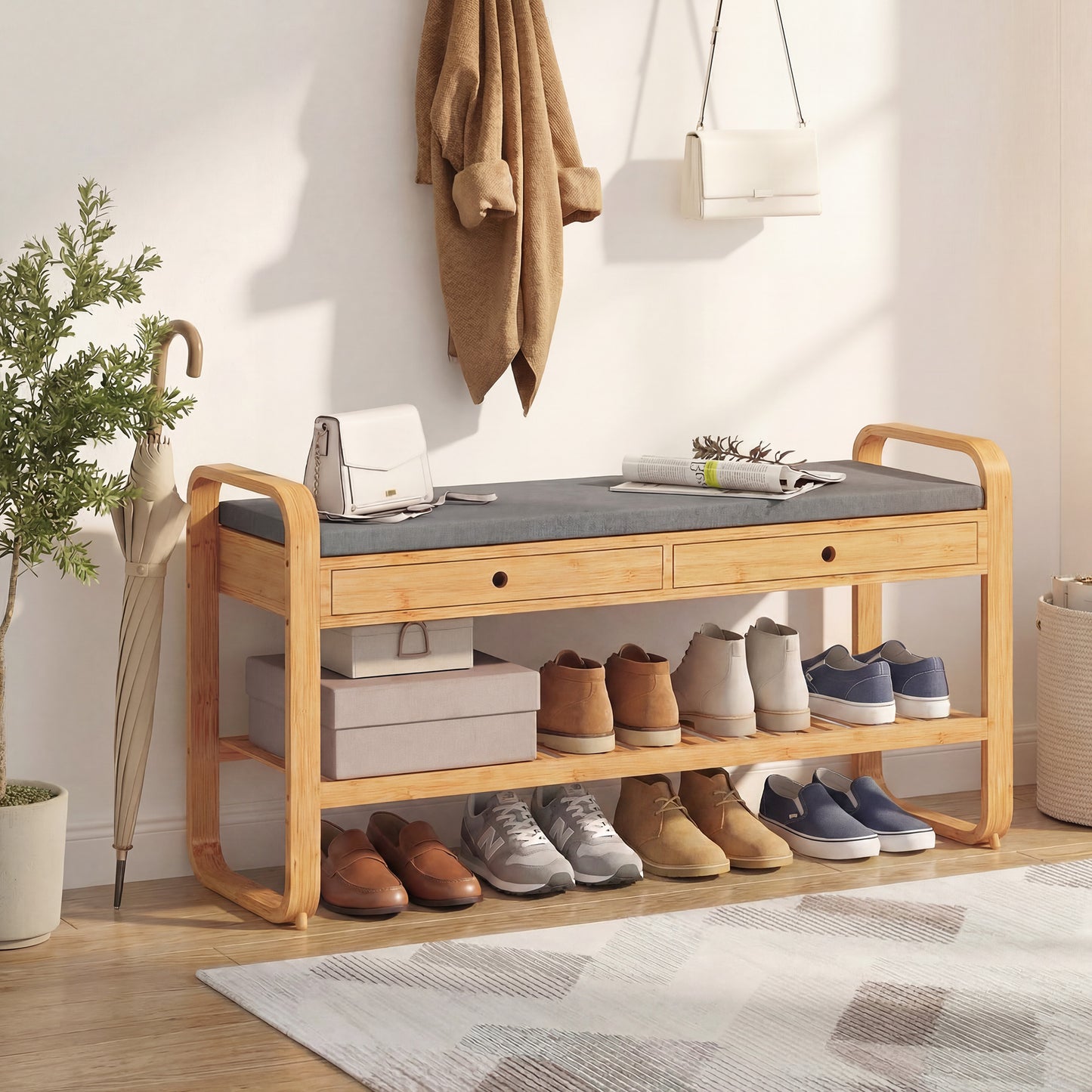 HOMCOM Shoe Bench with 2 Drawers Cushioned Seat Shoe Storage Bench for Hallway 105 cm Natural and Grey