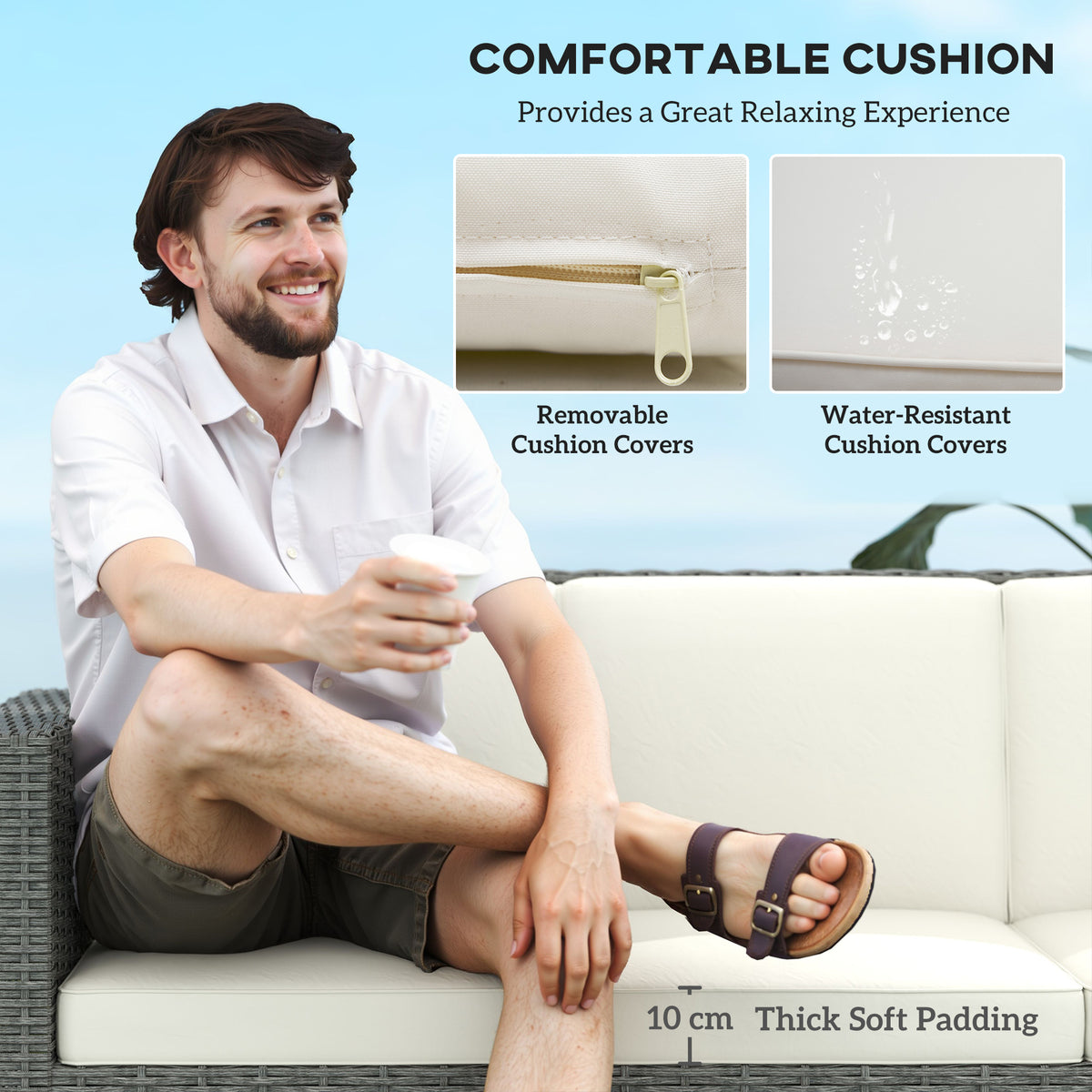 Cream sofa cushions with removable, water-resistant covers and thick padding