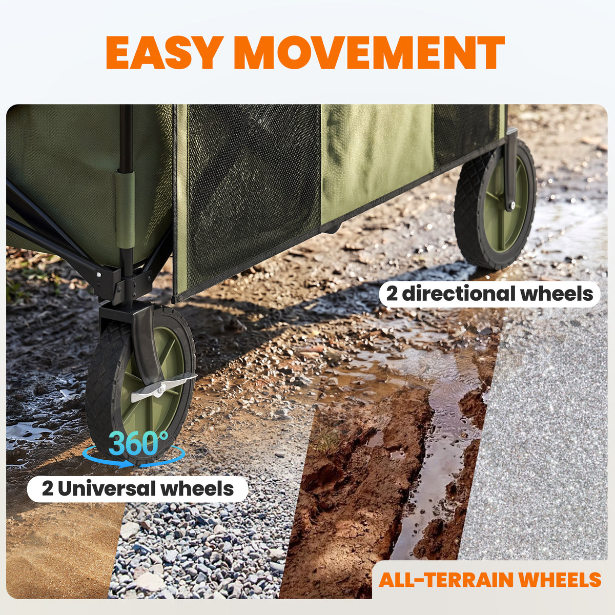 Green wagon's all-terrain wheels, including swiveling front wheels