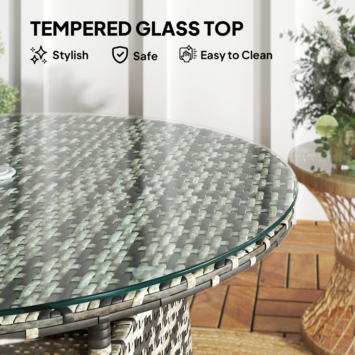 Outsunny round wicker table with a clear tempered glass top