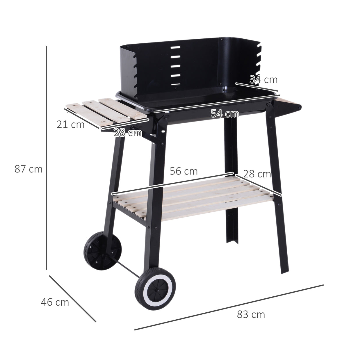 Outsunny charcoal barbecue grill with side trays, lower shelf, wheels and dimensions