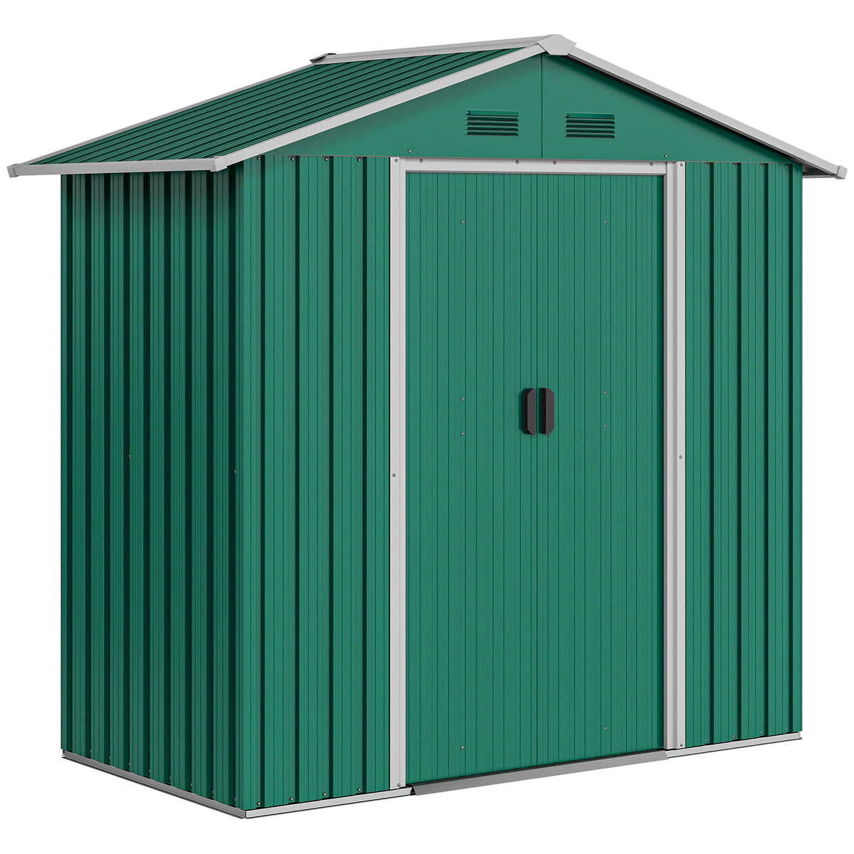 Green metal garden shed with closed sliding doors, ribbed panels, and pitched roof