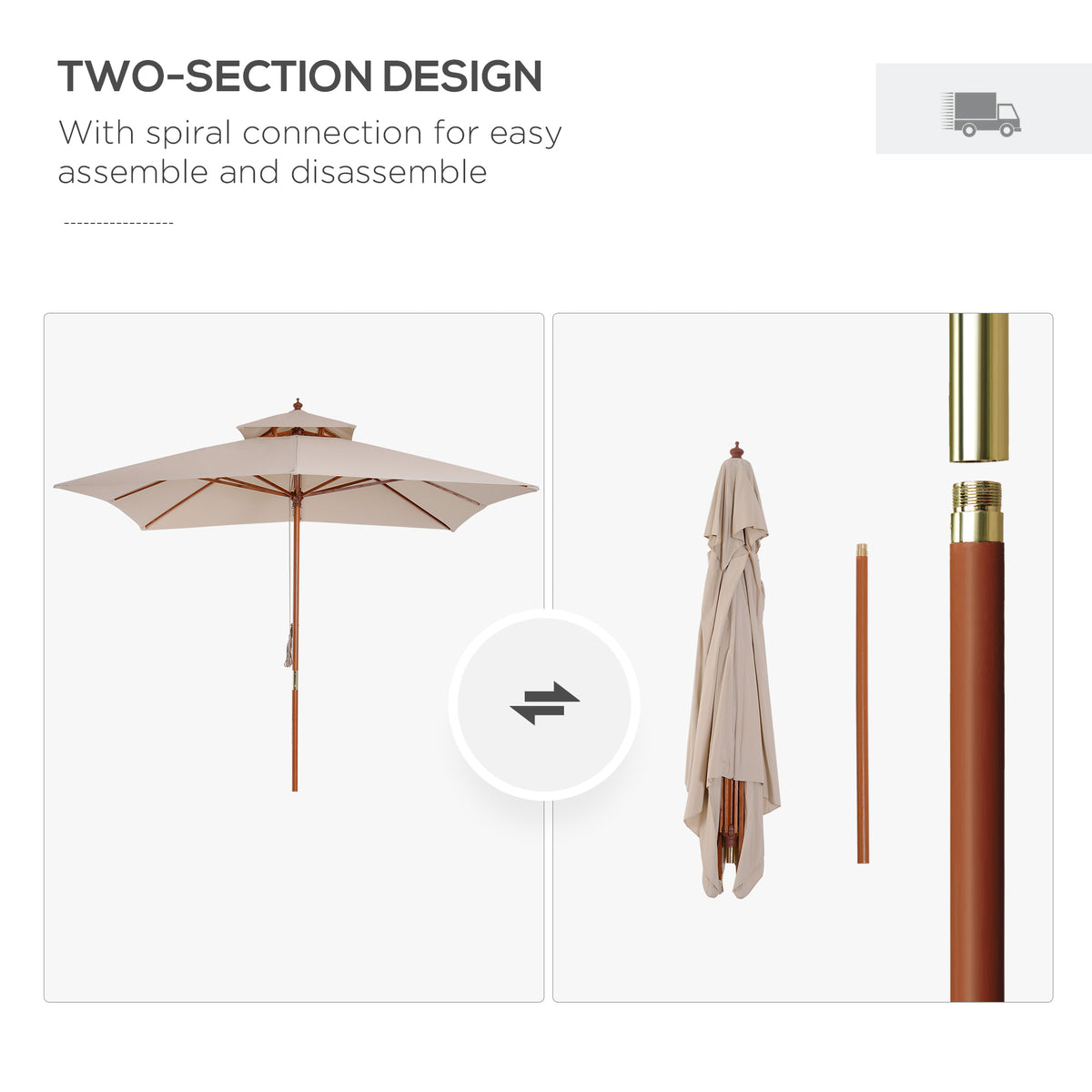 Wooden patio parasol shown assembled and disassembled into two pole sections