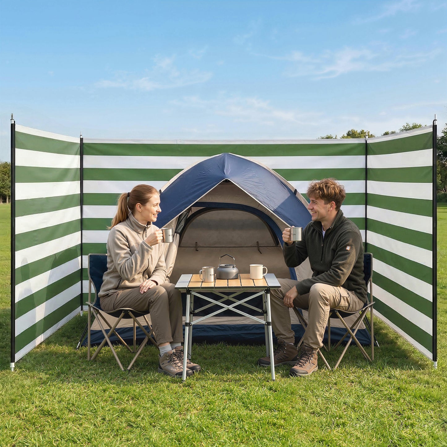 Outsunny 4 Pole Camping Windbreaks, Beach Wind Shield Shelter with Carry Bag and Steel Poles, 540cm x 150cm, Army Green