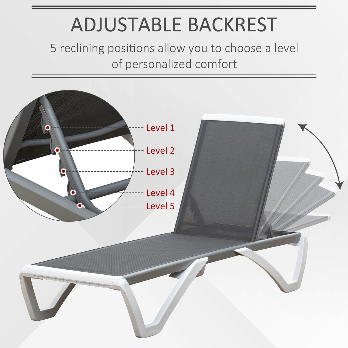 Grey sun lounger shown with five adjustable backrest positions