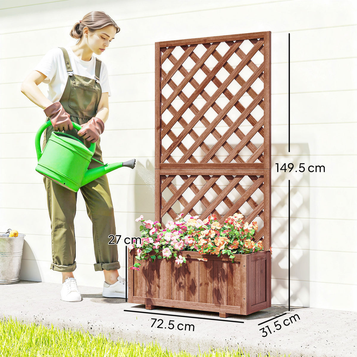Wooden raised planter with trellis, shown beside a person for scale