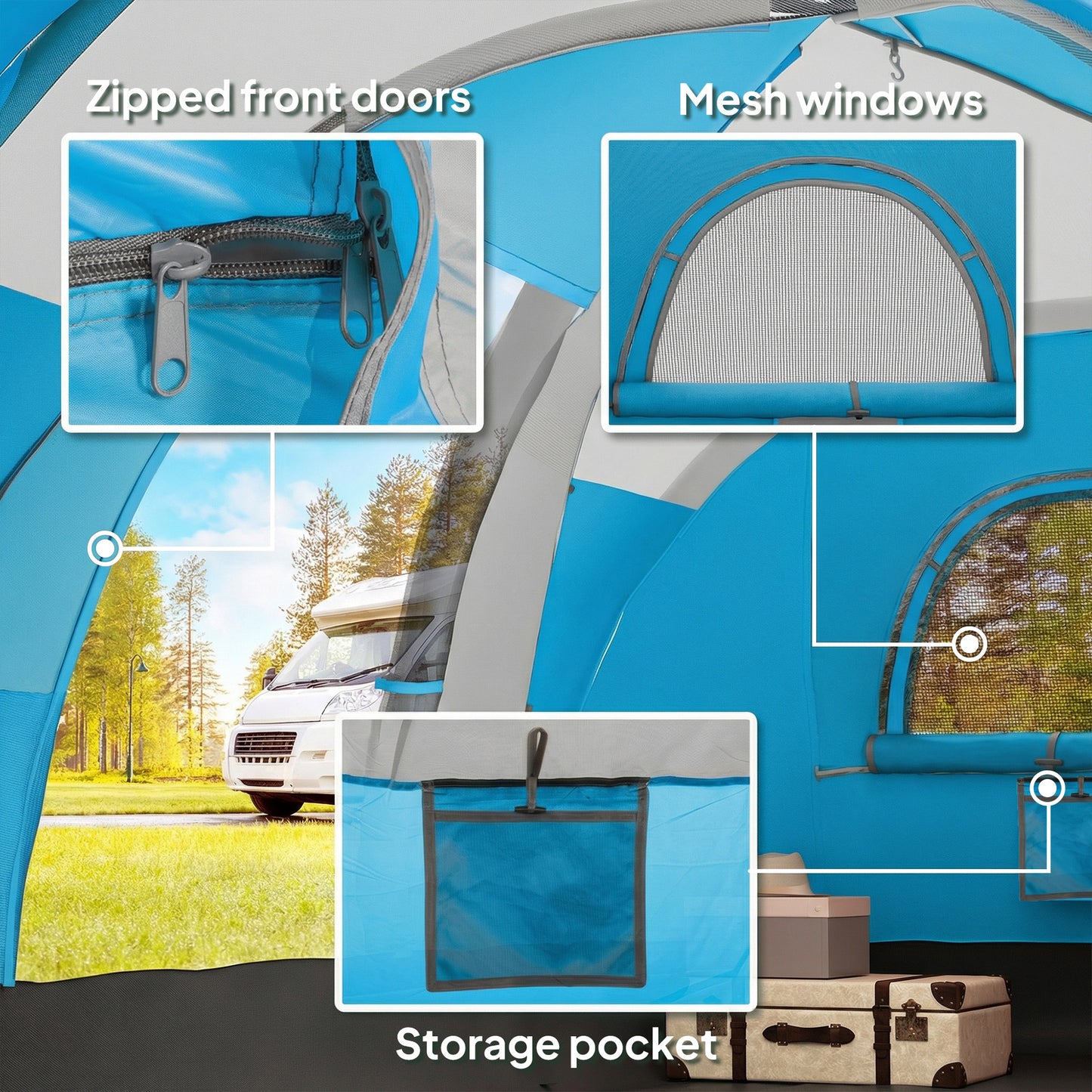 Outsunny 5 Man Camping Tent, Large Tunnel Tent, Water Resistant Hiking Shelter with Groundsheet and Carry Bag, Light Blue