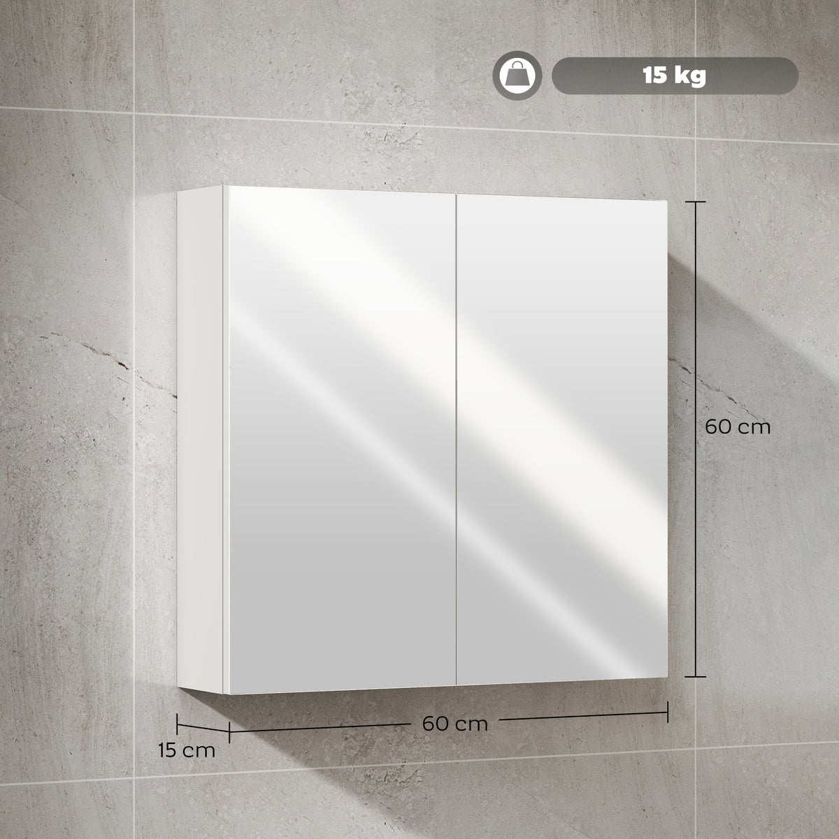 HOMCOM white bathroom mirror cabinet, 60 cm wide and 60 cm high, with 15 cm depth
