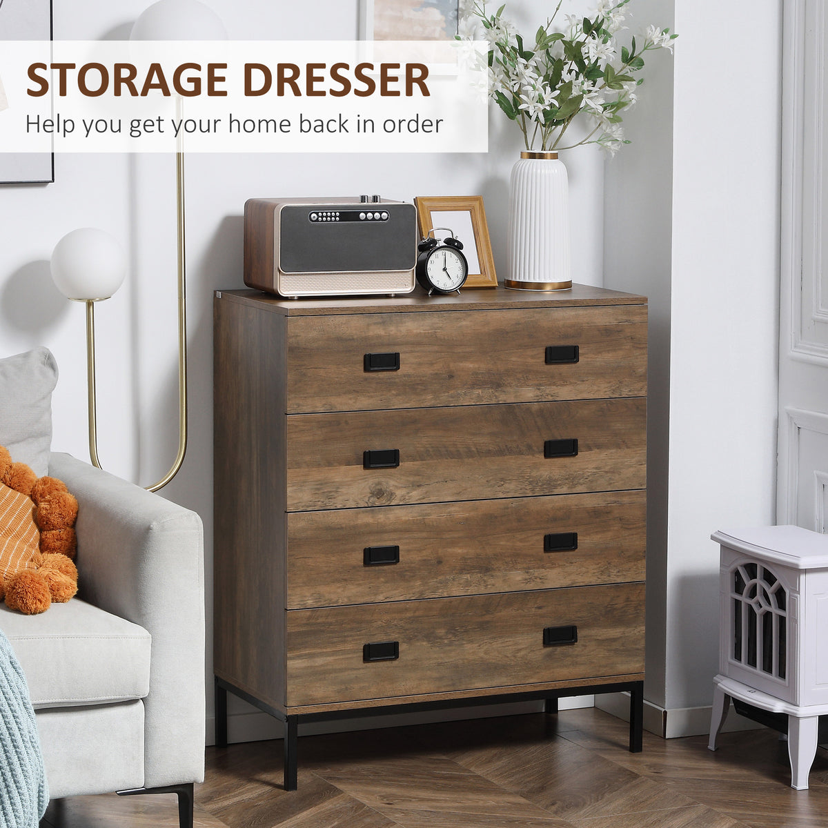 Brown four-drawer storage chest with black handles and metal legs