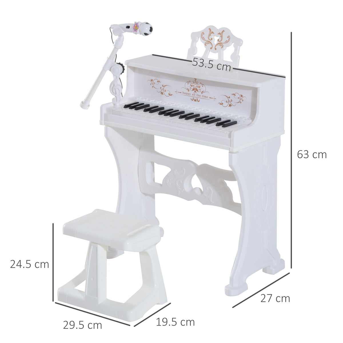 White kids' piano and stool set with microphone; dimensions shown.
