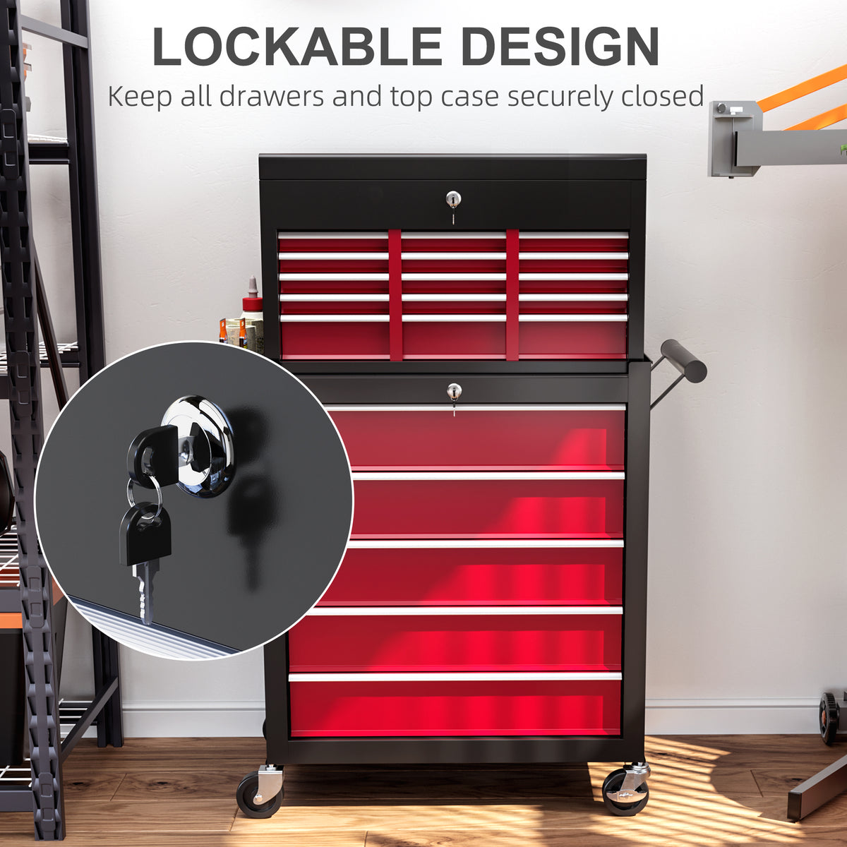 HOMCOM 14 Drawer, Two-Part Tool Storage Chest on Wheels - Red