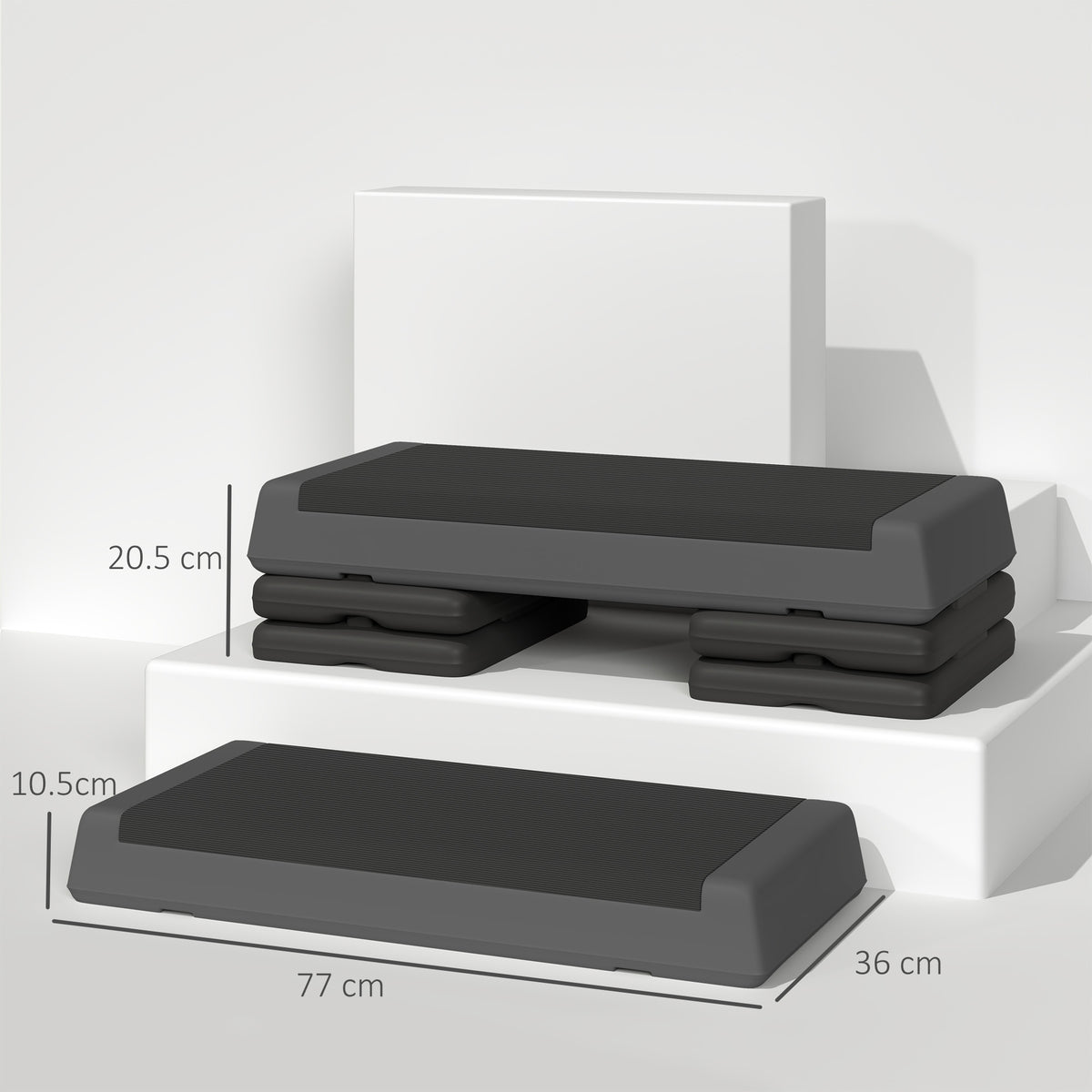 SPORTNOW fitness stepper shown at two heights, with dimensions of 77 by 36 cm
