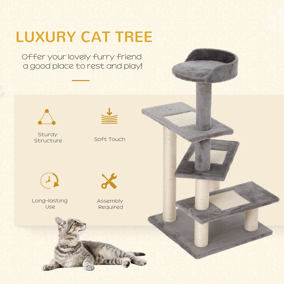 Grey cat tree with tiered platforms and sisal posts beside a lounging cat