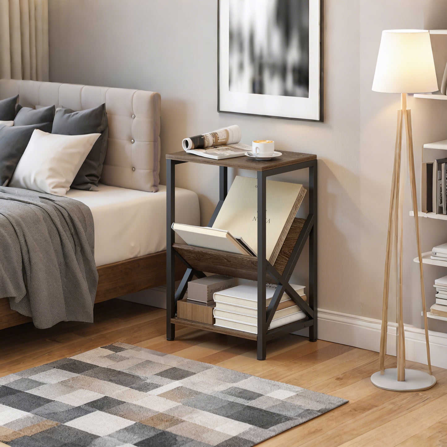 HOMCOM Narrow Side Table, End Table with 3-Tier Storage, V-Shaped Magazine Holder for Living Room, Bedroom, 40 x 30 x 61cm, Oak
