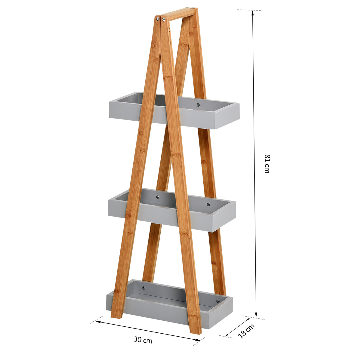 Bamboo A-frame shelf with three gray trays, measuring 81 cm tall