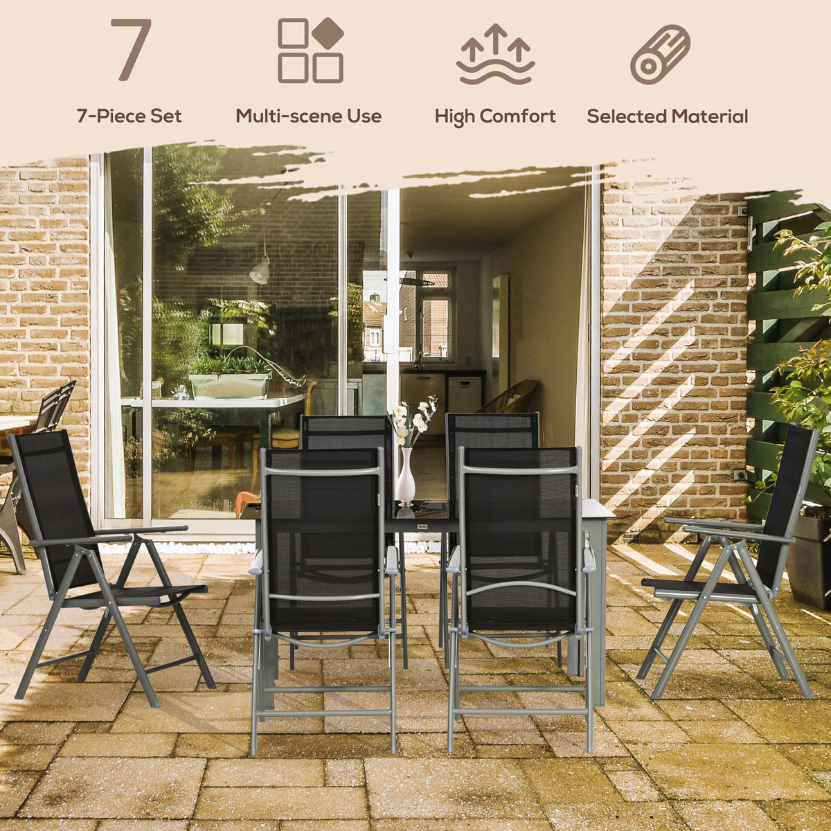 Outsunny garden dining set with six black mesh chairs and a glass-top table