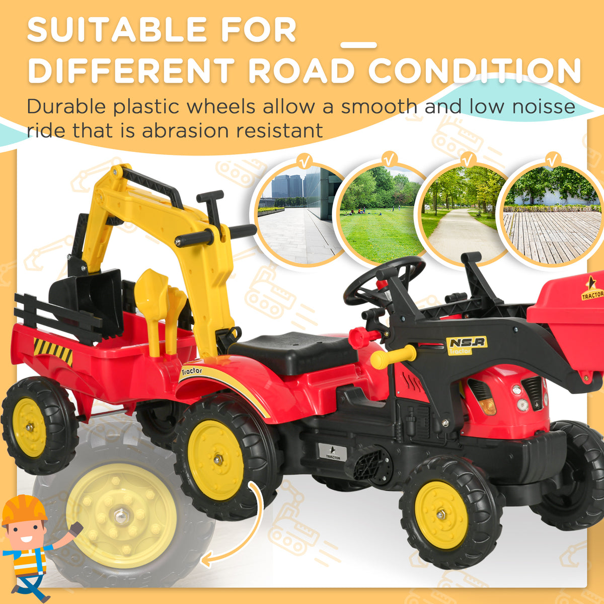 HOMCOM Ride On Tractor for Kids, 3 in 1 Ride On Excavator Toy Car with Adjustable Bucket, Digger and Removable Trailer, Pretend Play Construction Truck for 3-6 Years