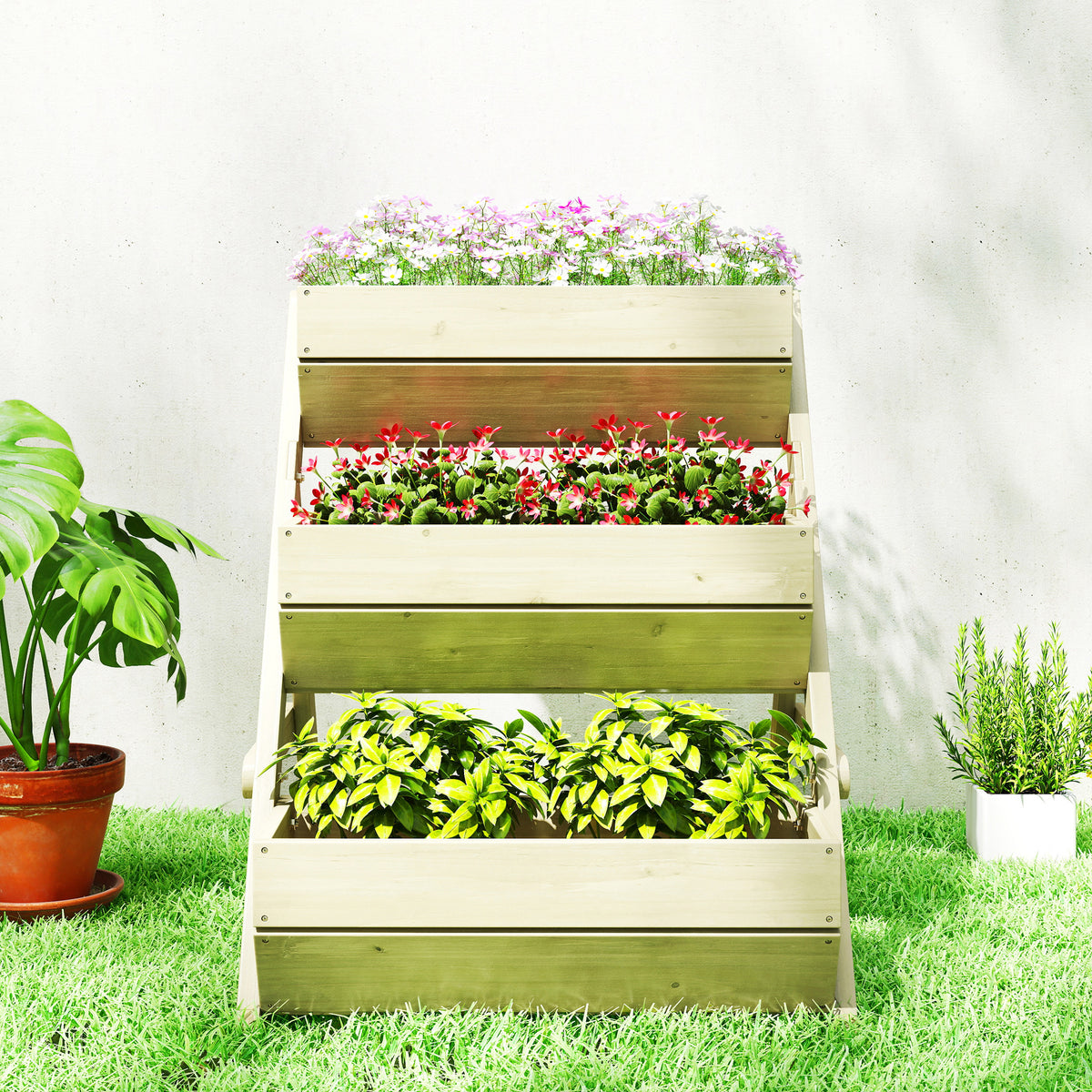 Outsunny three-tier wooden elevated planter filled with flowers and leafy plants