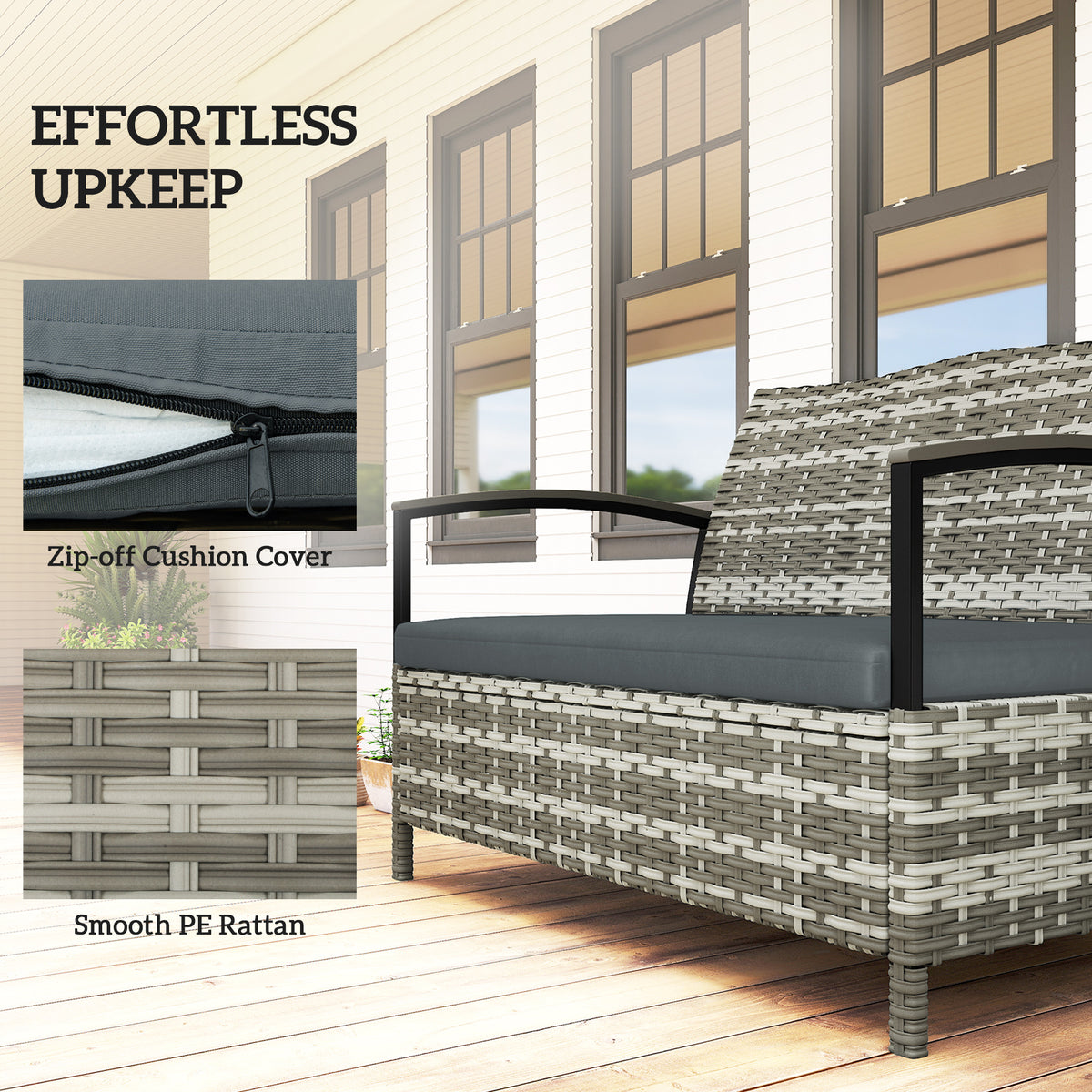Outsunny 125L Garden Storage Bench, 2 Seater PE Rattan Outdoor Bench Storage Box with Padded Cushion, Dark Grey