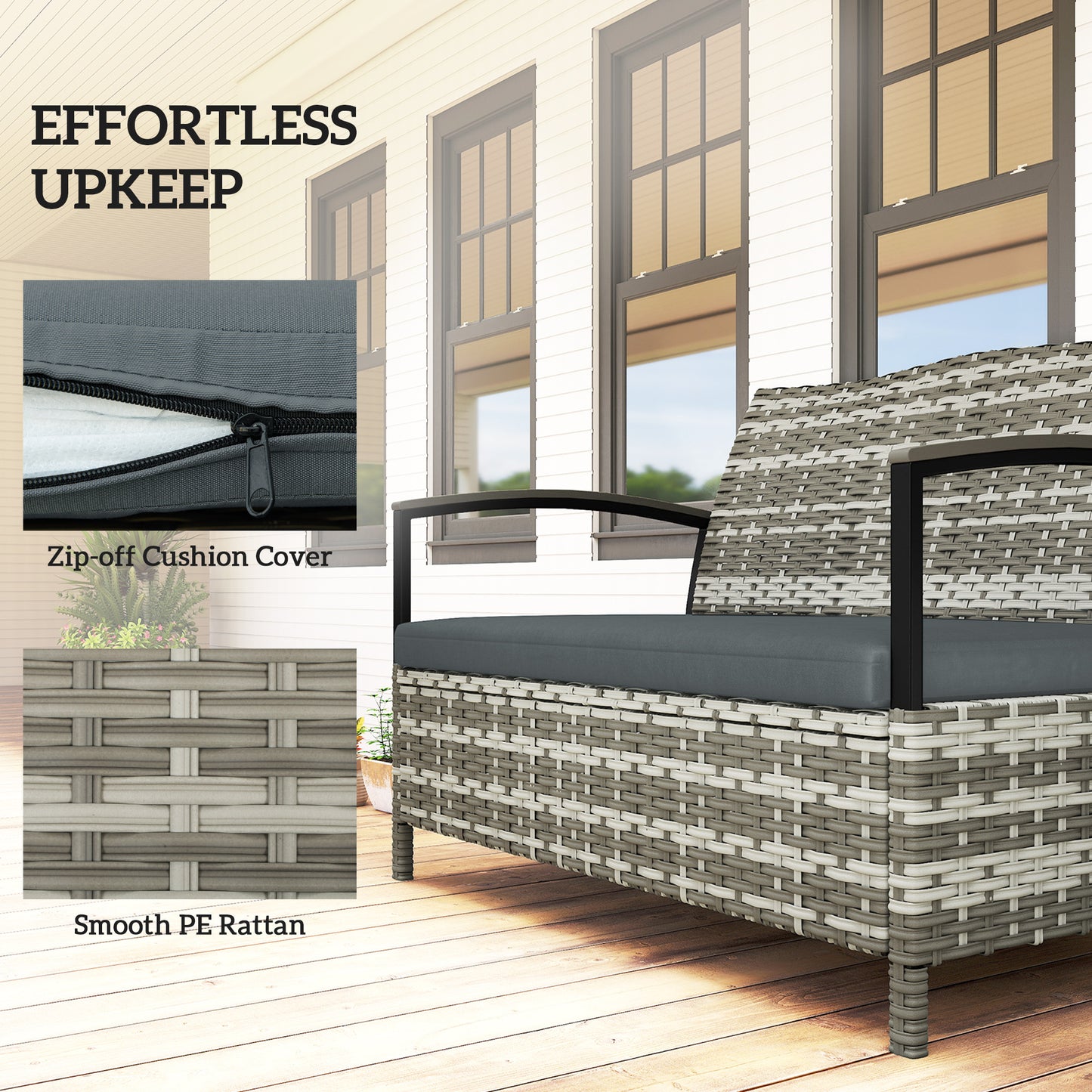 Outsunny 125L Garden Storage Bench, 2 Seater PE Rattan Outdoor Bench Storage Box with Padded Cushion, Dark Grey