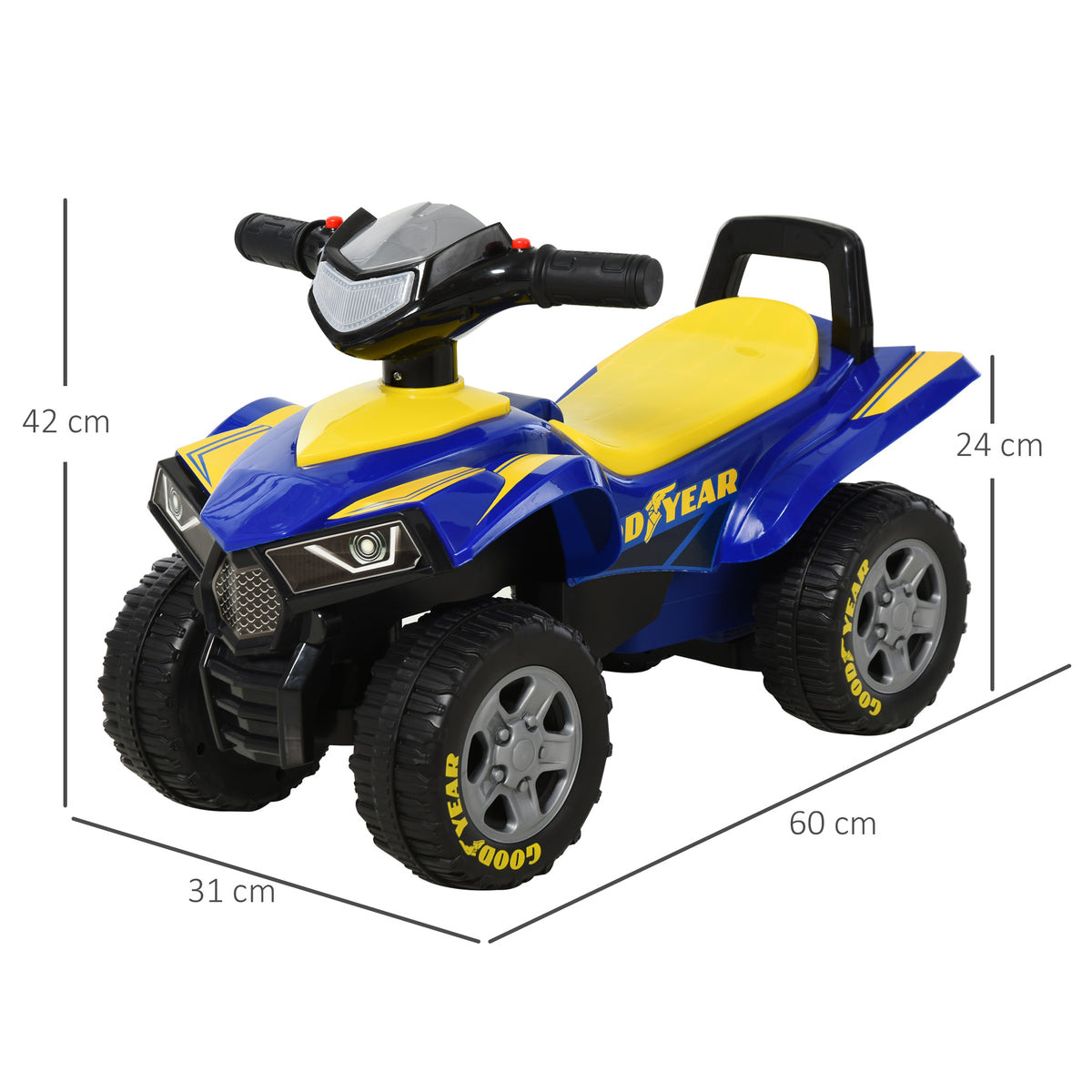 Blue and yellow HOMCOM Goodyear kids' ride-on quad bike with dimensions shown