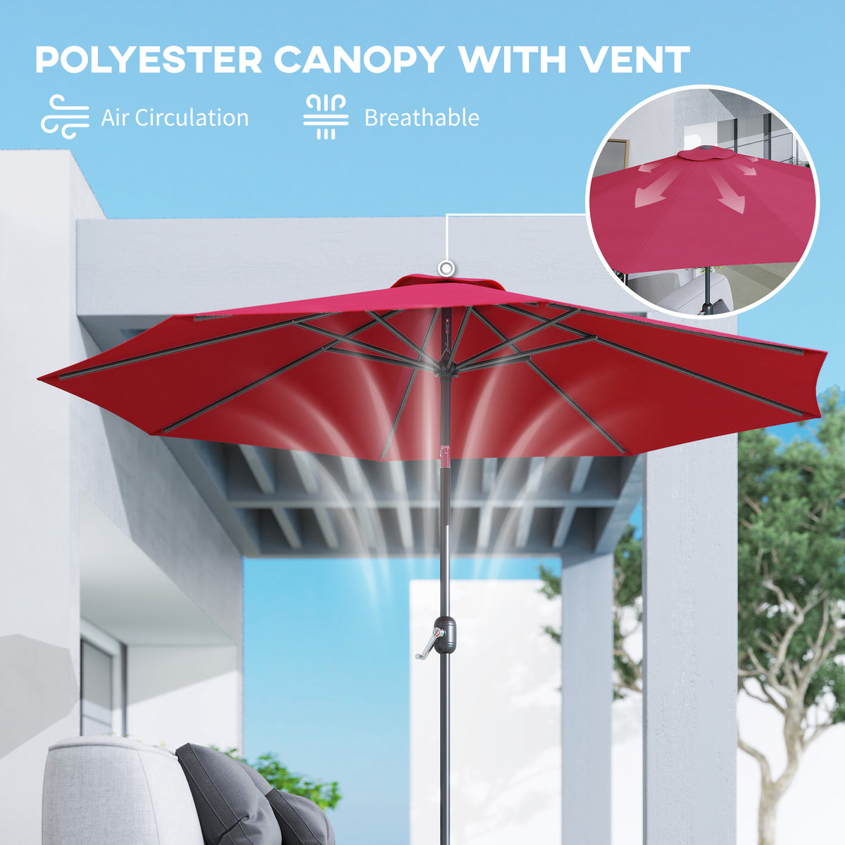 Outsunny 3(m) Tilting Parasol Garden Umbrellas, Outdoor Sun Shade with 8 Ribs, Tilt and Crank Handle for Balcony, Bench, Garden, Wine Red