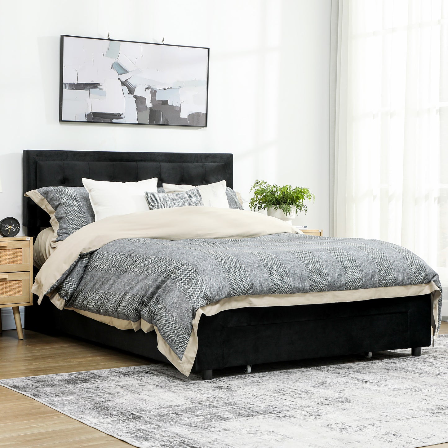 HOMCOM King Ottoman Bed Frame, Upholstered Bed Frame with Storage Drawer and Adjustable Headboard, 5ft, Black