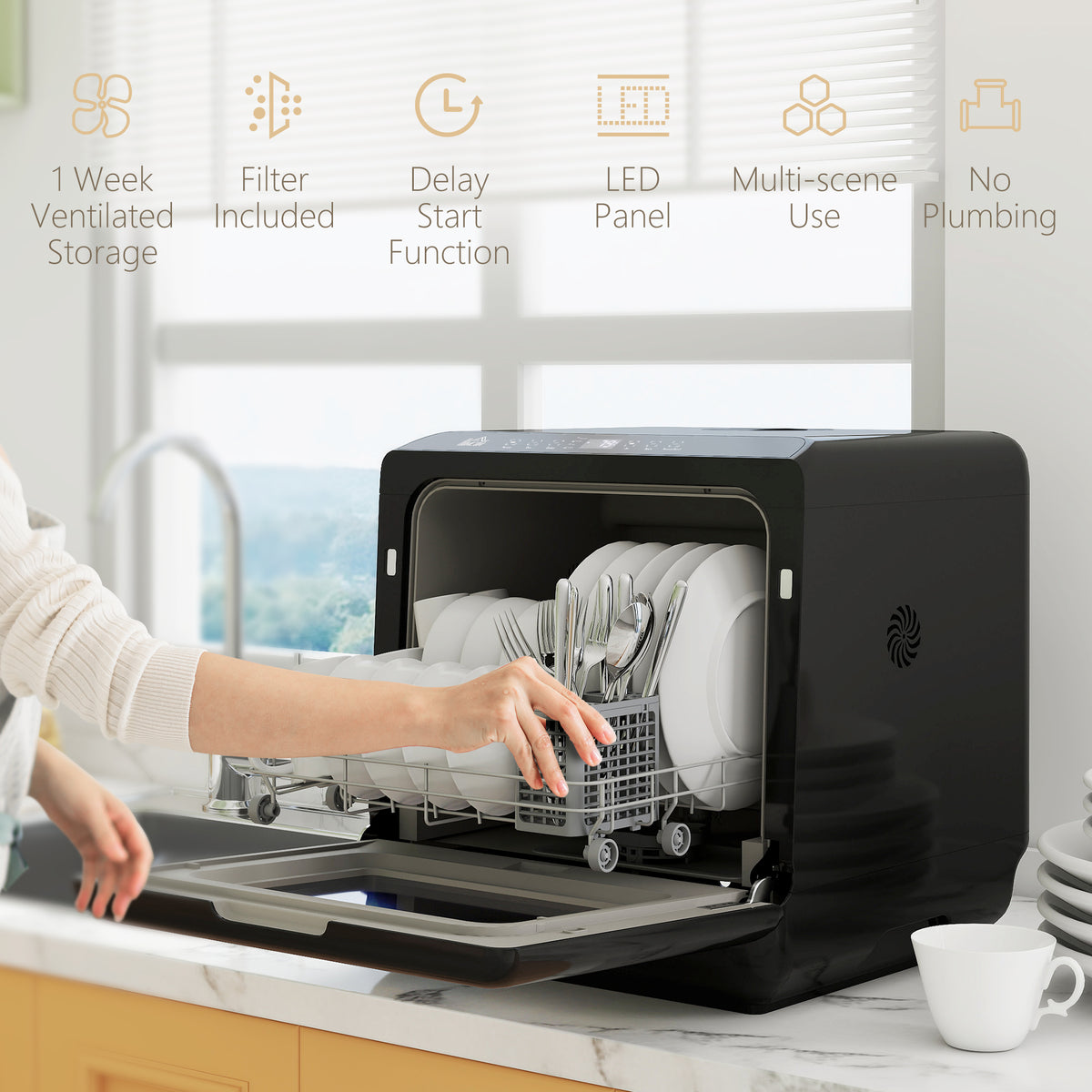 HOMCOM 6L Five-Mode Tabletop Dishwasher - Black