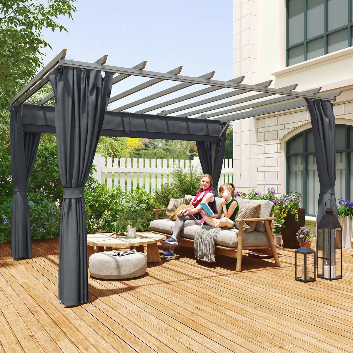 Outsunny 3.6 x 3 m Pergola with Retractable Roof Canopy, Curtains, Aluminium Garden Pergola Gazebo Sun Shade Shelter, Dark Grey