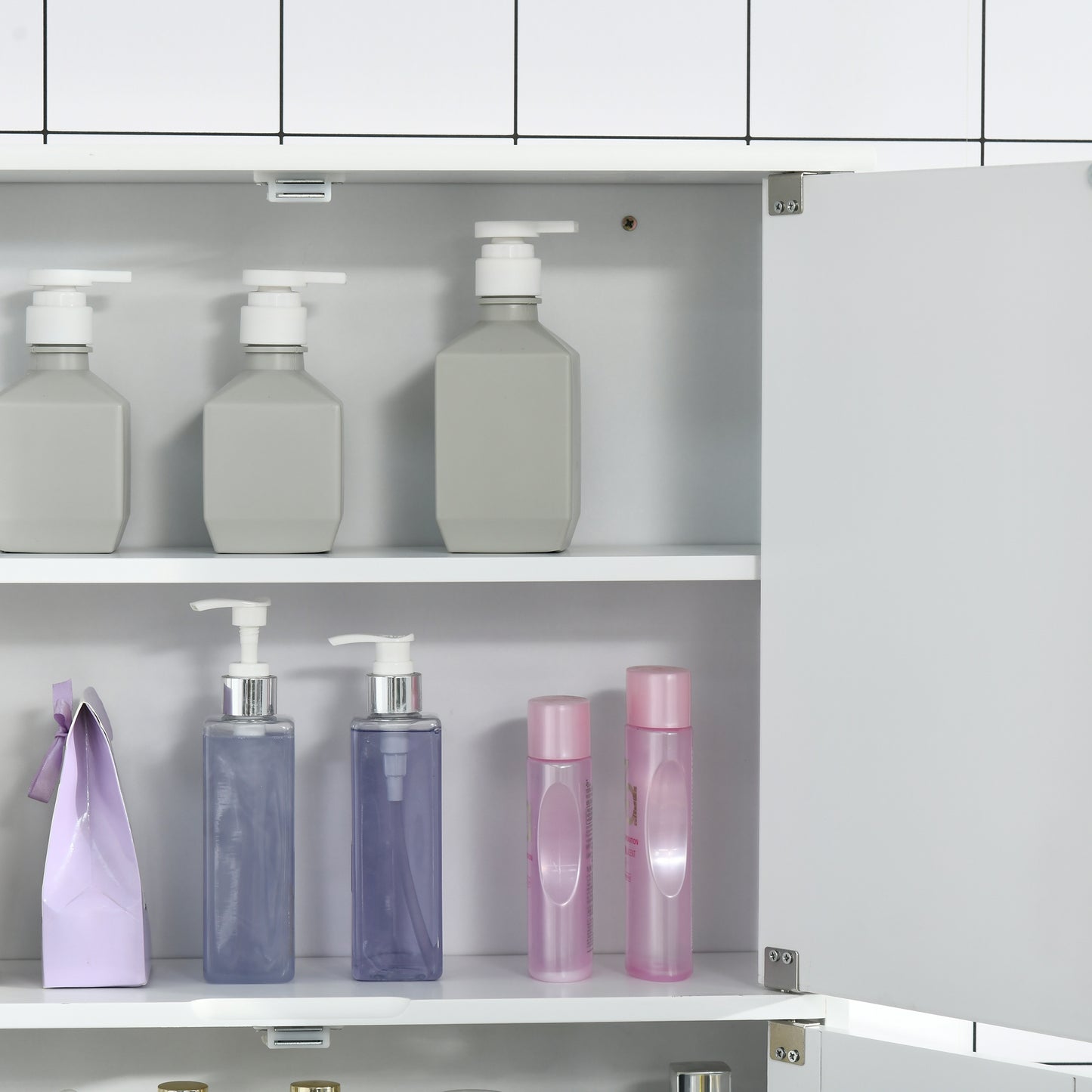 kleankin white cabinet interior with shelves stocked with bottles and toiletries