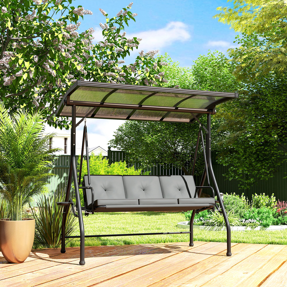 Outsunny Convertible Three-Seater Swing Bench Bed - Dark Grey