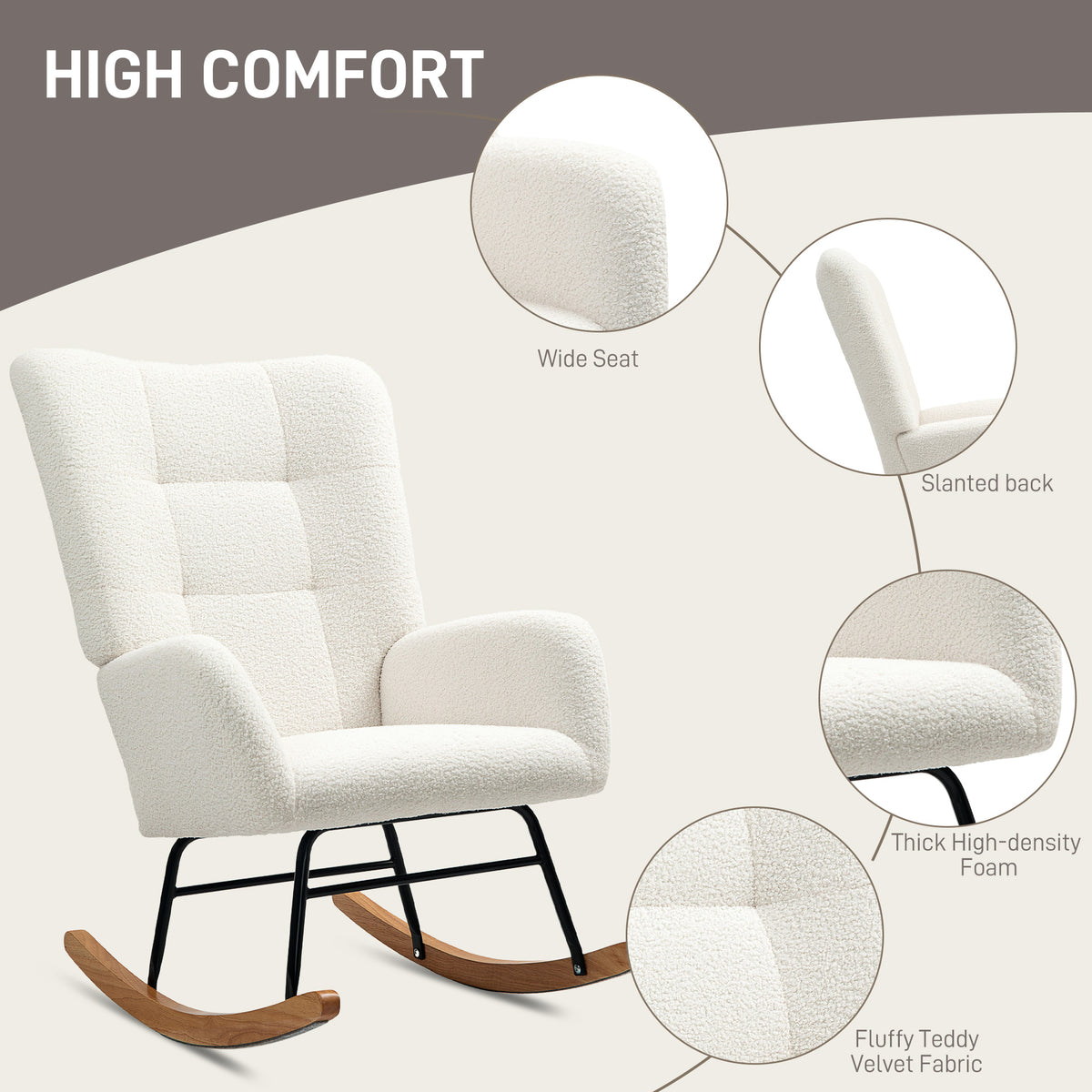 Rocking chair with wide seat, slanted back, thick foam, and teddy fleece upholstery