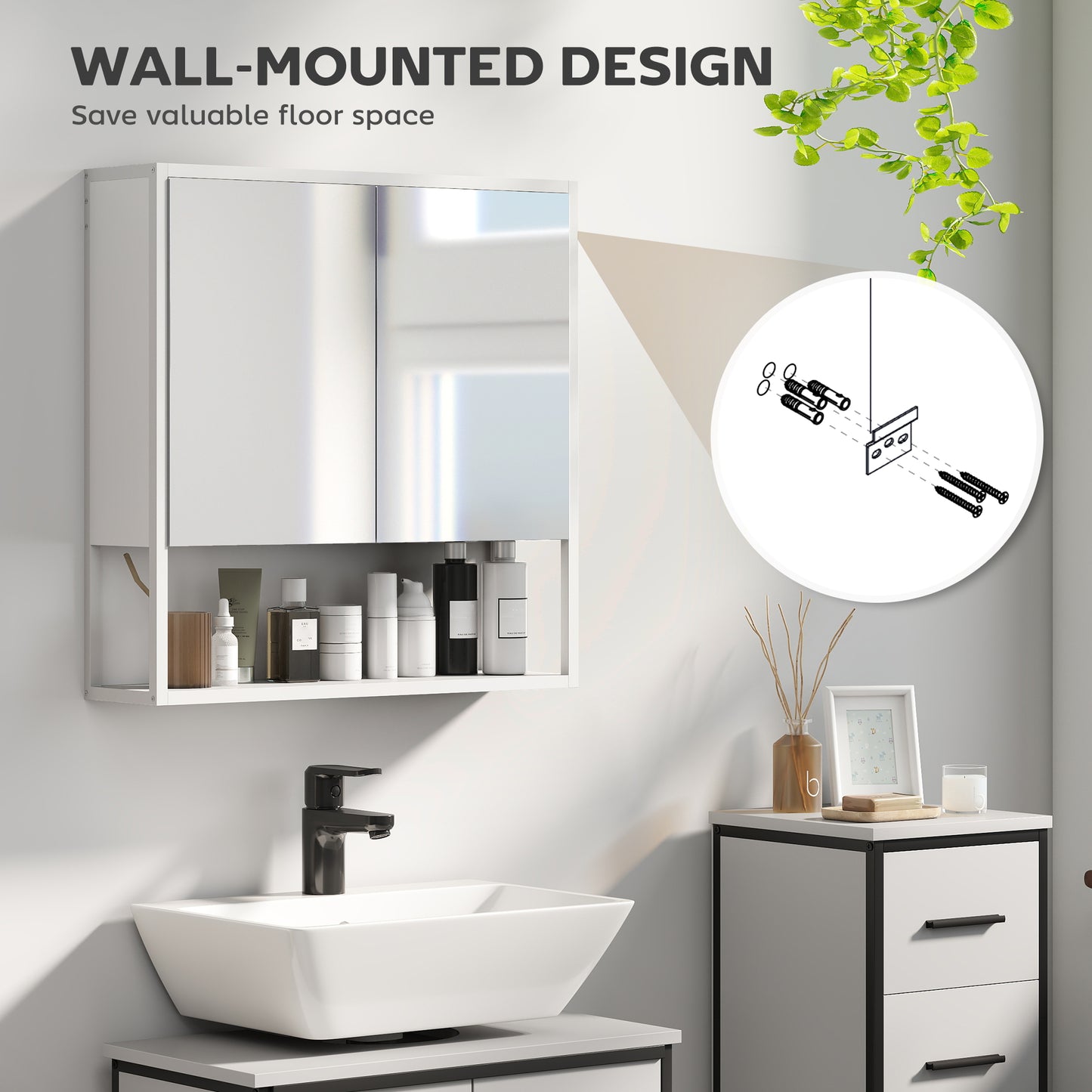 HOMCOM Bathroom Mirror Cabinet with Soft-Close Doors and Adjustable Shelf - White