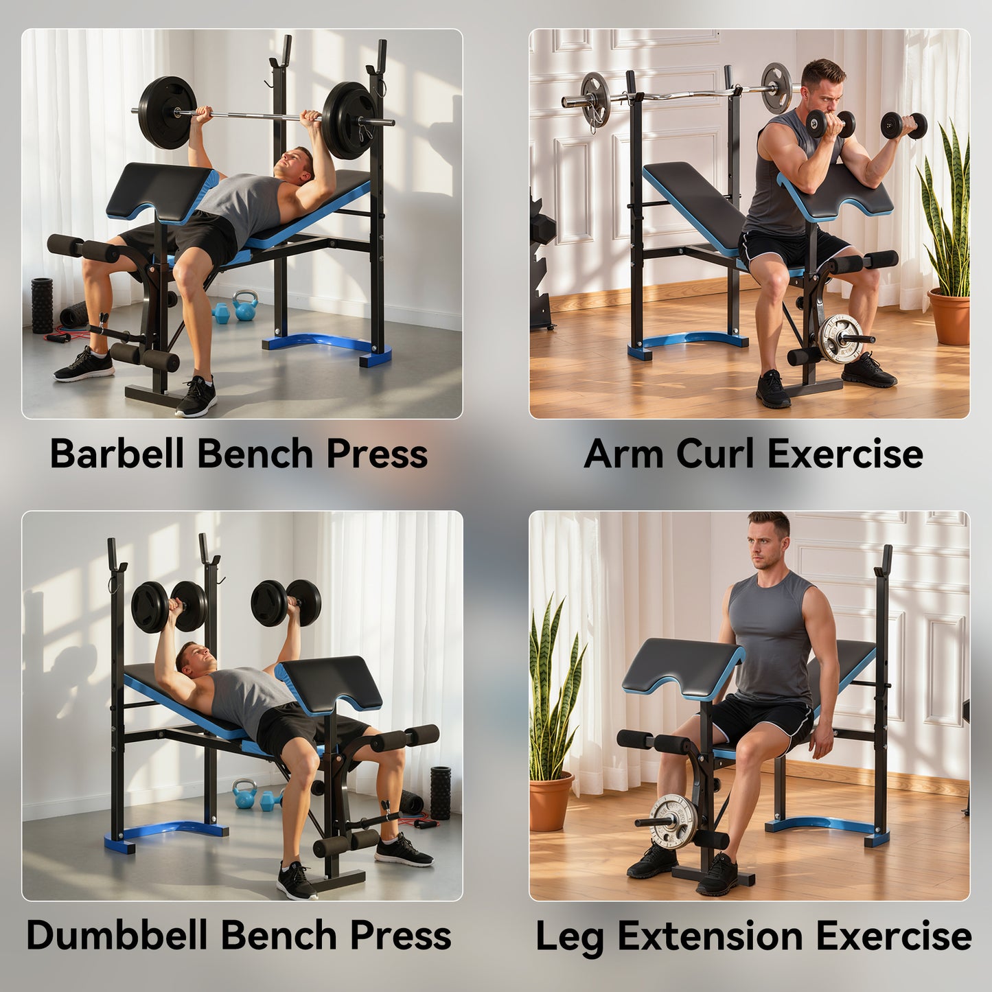Multifunction weight bench shown for barbell and dumbbell presses, arm curls and leg extensions