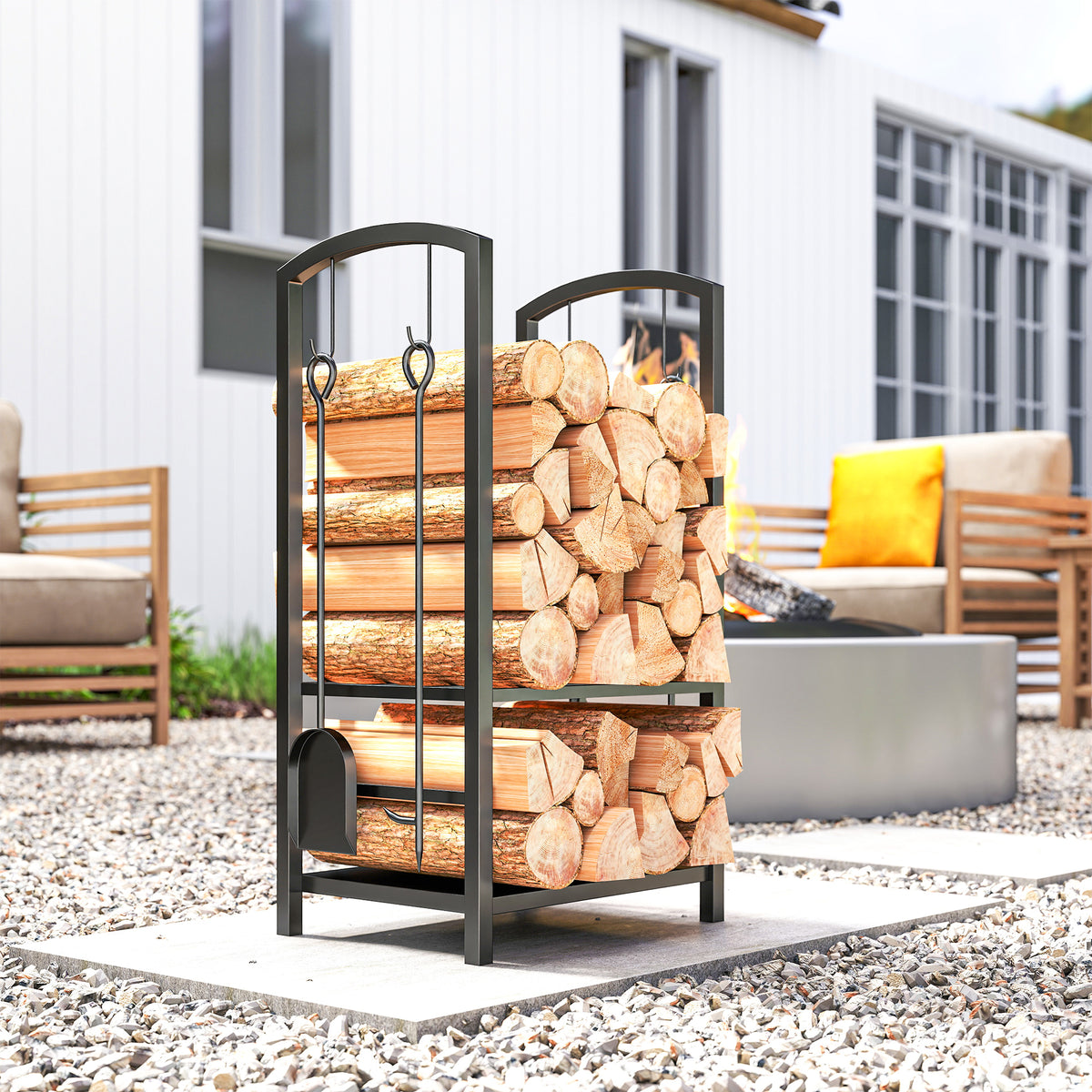 Outsunny Metal Firewood Log Holder 2 Layer Firewood Rack Indoor Outdoor Fireplace Wood Storage Shelf with 4 Tools and Hooks, Black, 40L x 30W x 74.5H cm