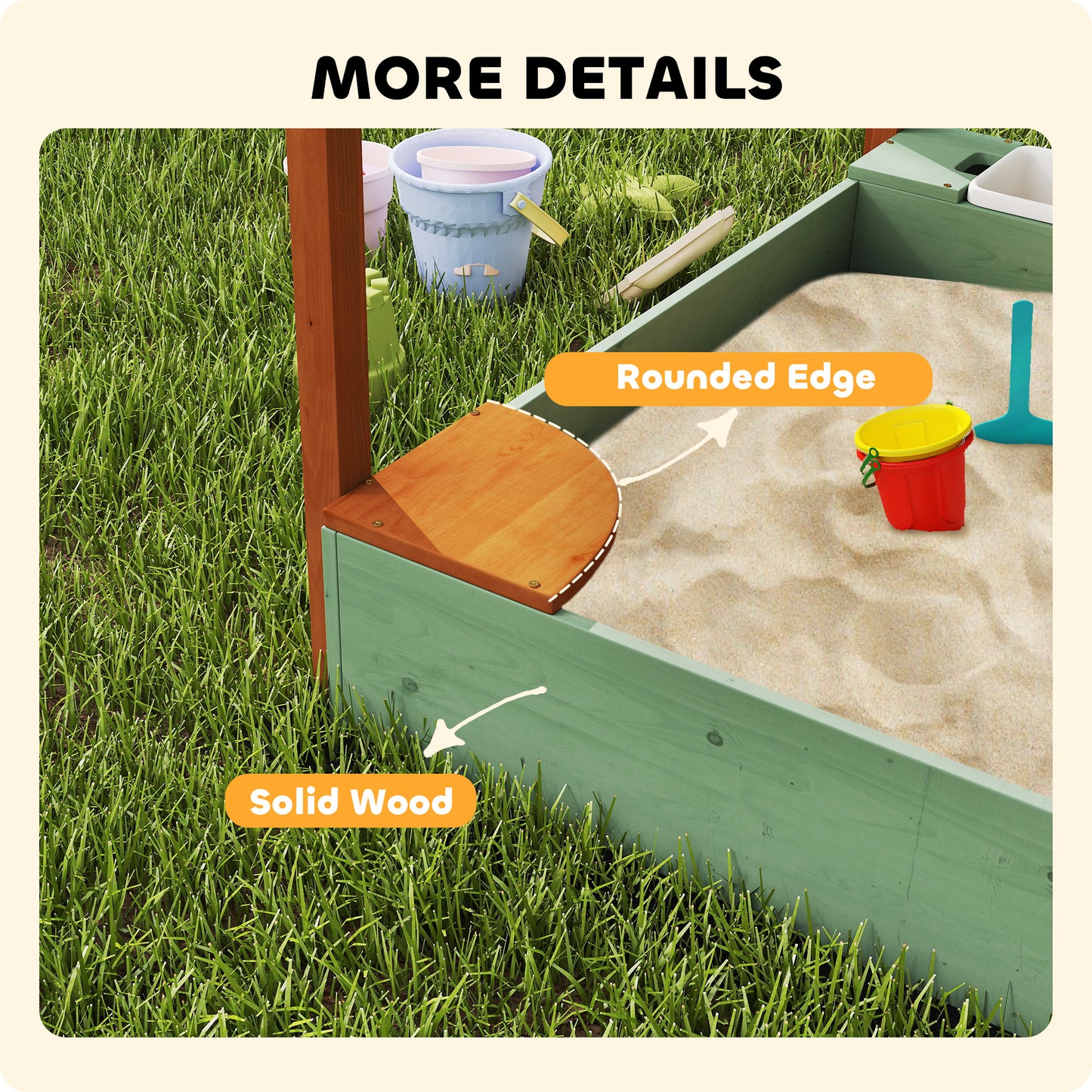 AIYAPLAY Wood Sandpit with Canopy, Storage Bins, Funnel, Liner, Chutes, Bucket with Tap, 116 x 112.5 x 128 cm, Green