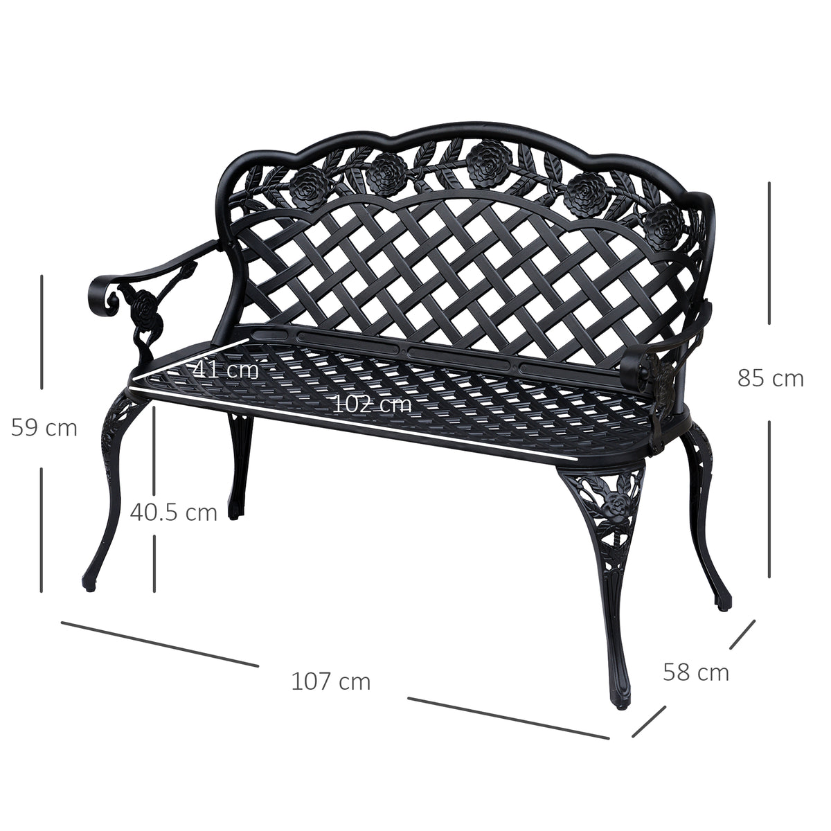 Black garden bench with lattice seat and back; dimensions shown as 107 by 58 by 85 cm