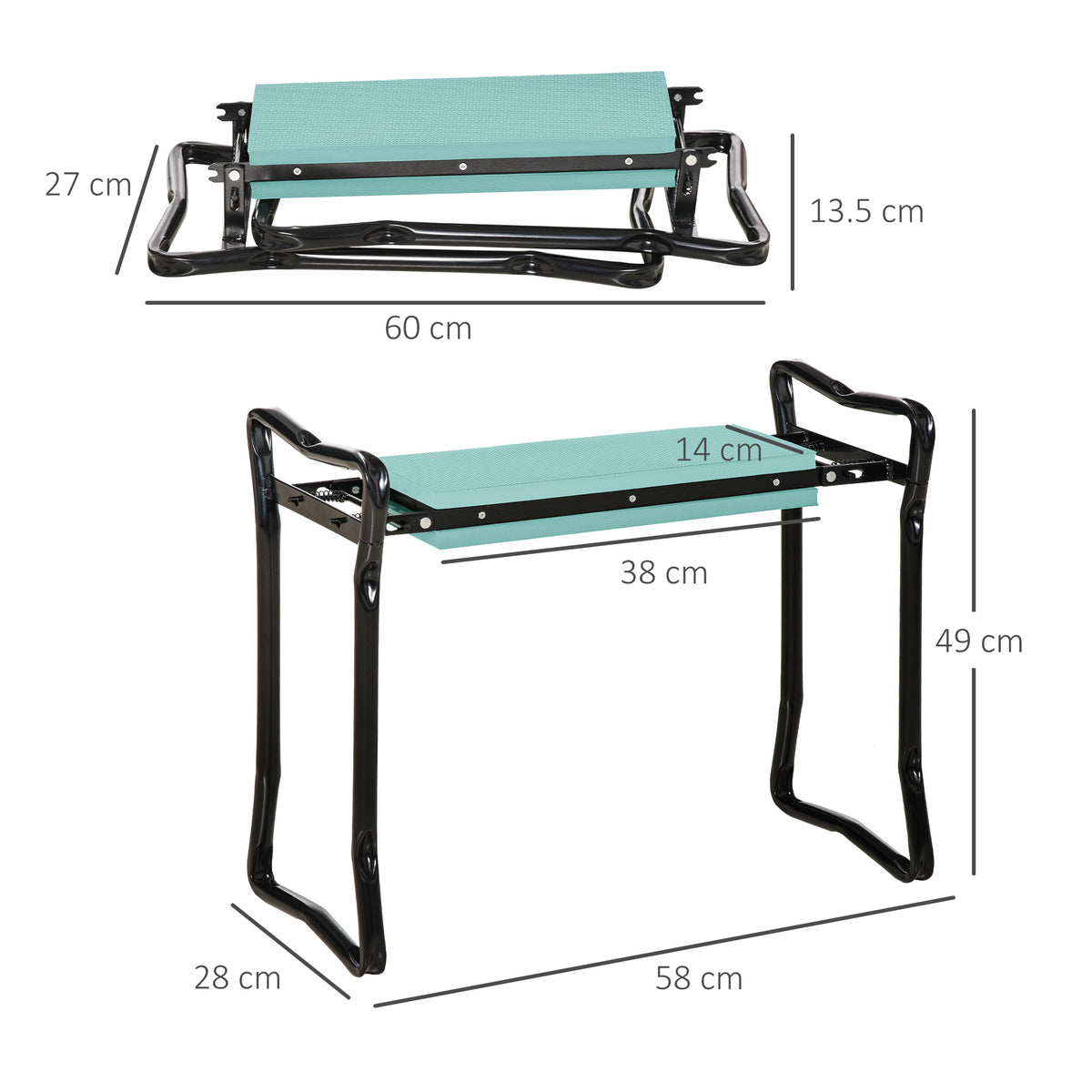 Outsunny garden kneeler seat shown folded and open with dimensions