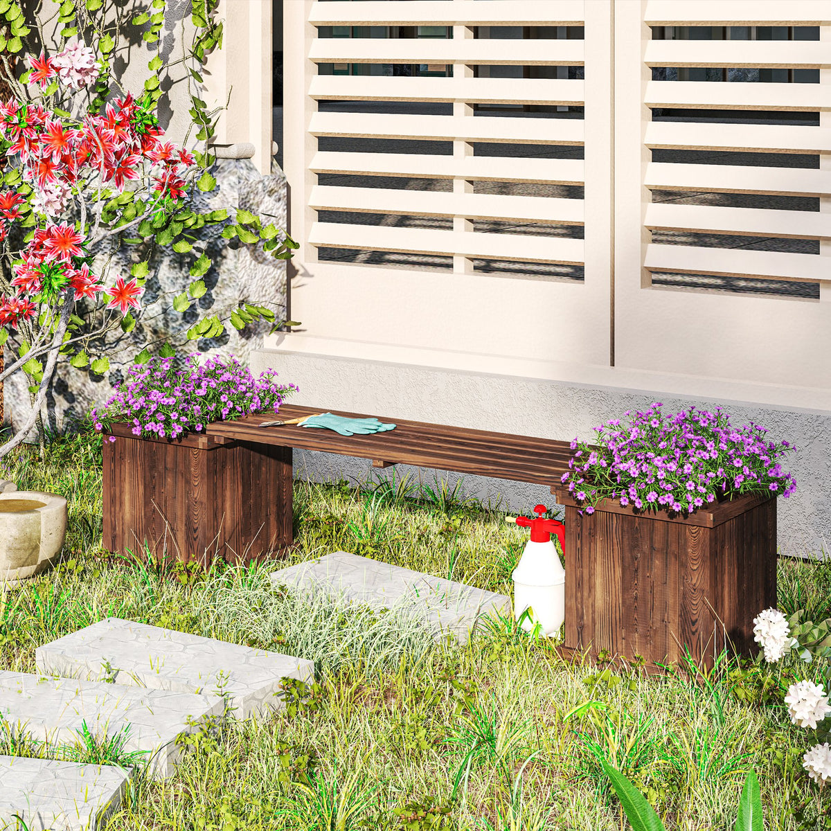 Outsunny Wooden Garden Planter & Bench Combination Garden Raised Bed Patio Park Carbonised Finish 176 x 38 x 40 cm