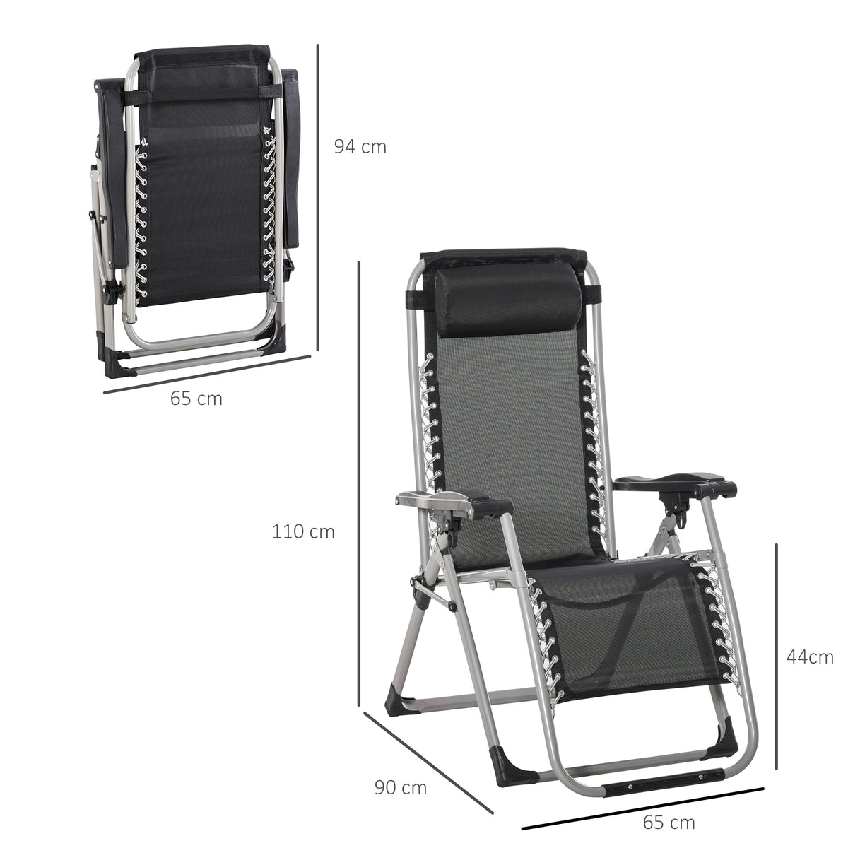 Folding zero-gravity lounger shown open and folded, with dimensions marked