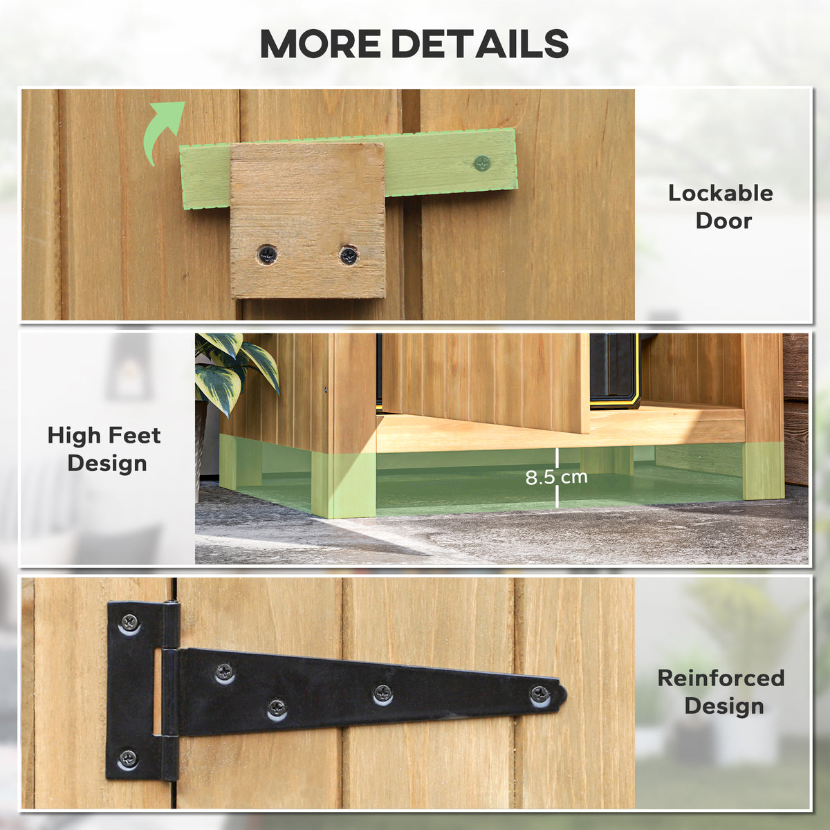 Wooden shed details showing door latch, raised feet, and reinforced hinges