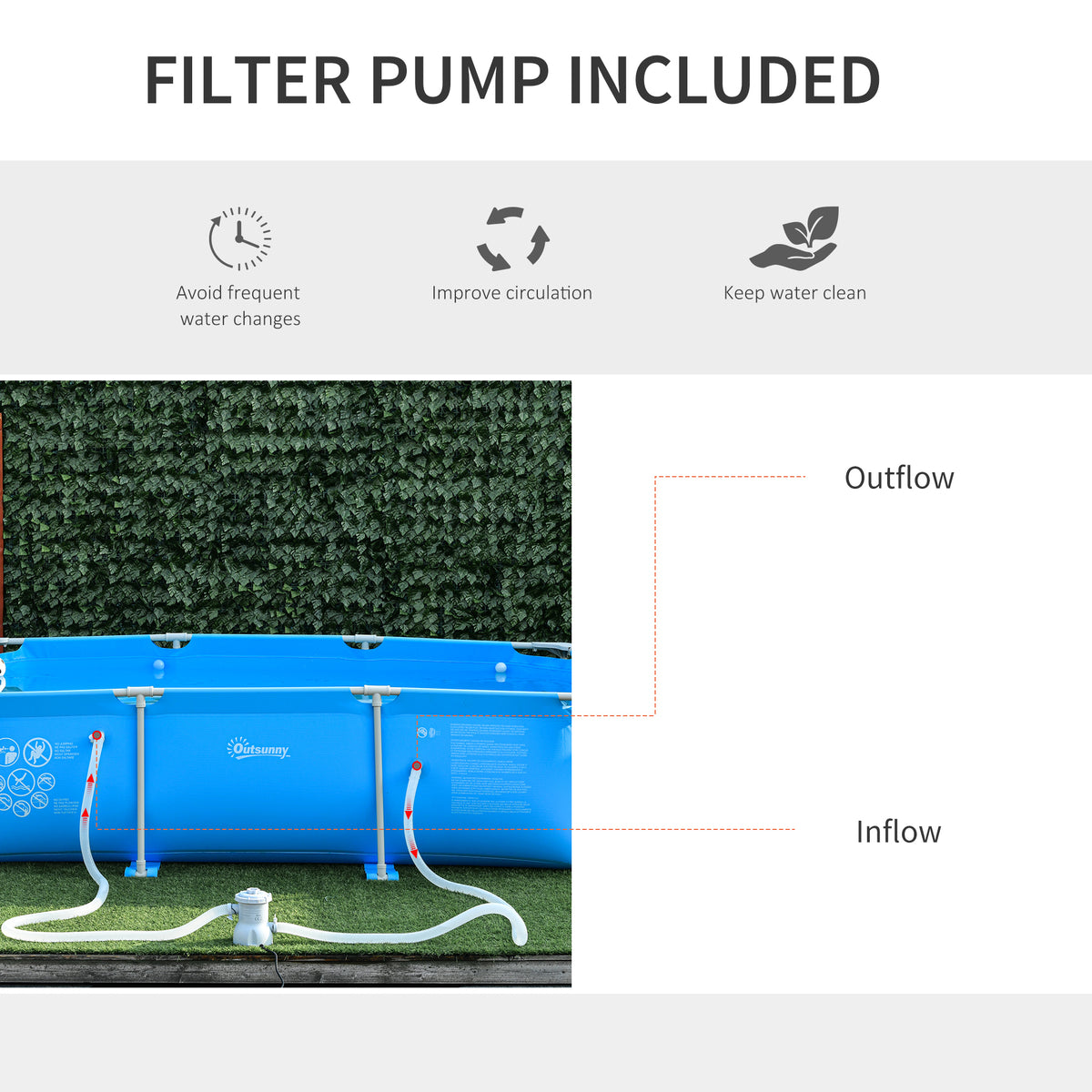 Outsunny blue frame pool with filter pump hoses connected to the sidewall