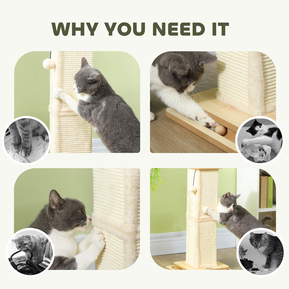 PawHut cat scratching post shown with cats clawing the sisal and batting the track ball