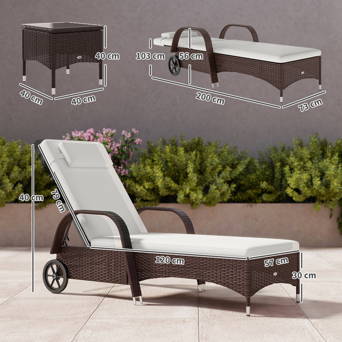Brown rattan sun lounger and matching square side table with product dimensions