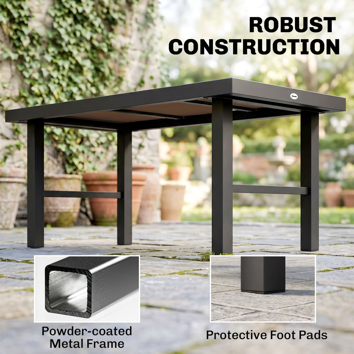 Outsunny table with a powder-coated metal frame and protective foot pads